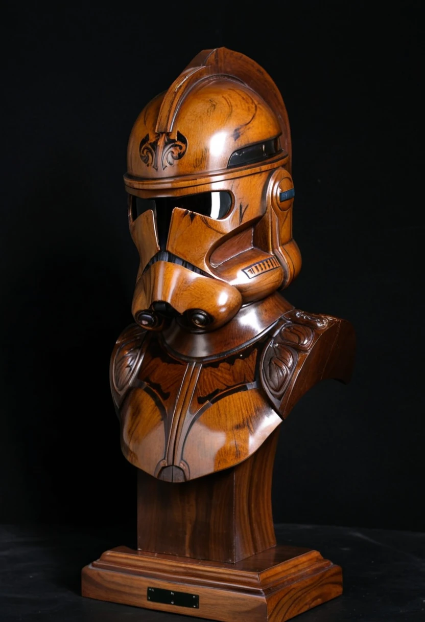 7-woodsculpture, reflective gloss finish,

(wooden sculpture of 7-phase2), helmet
, walnut, antique, classical finish, detailed, warm surfaces, warm lighting, reflections, black background.