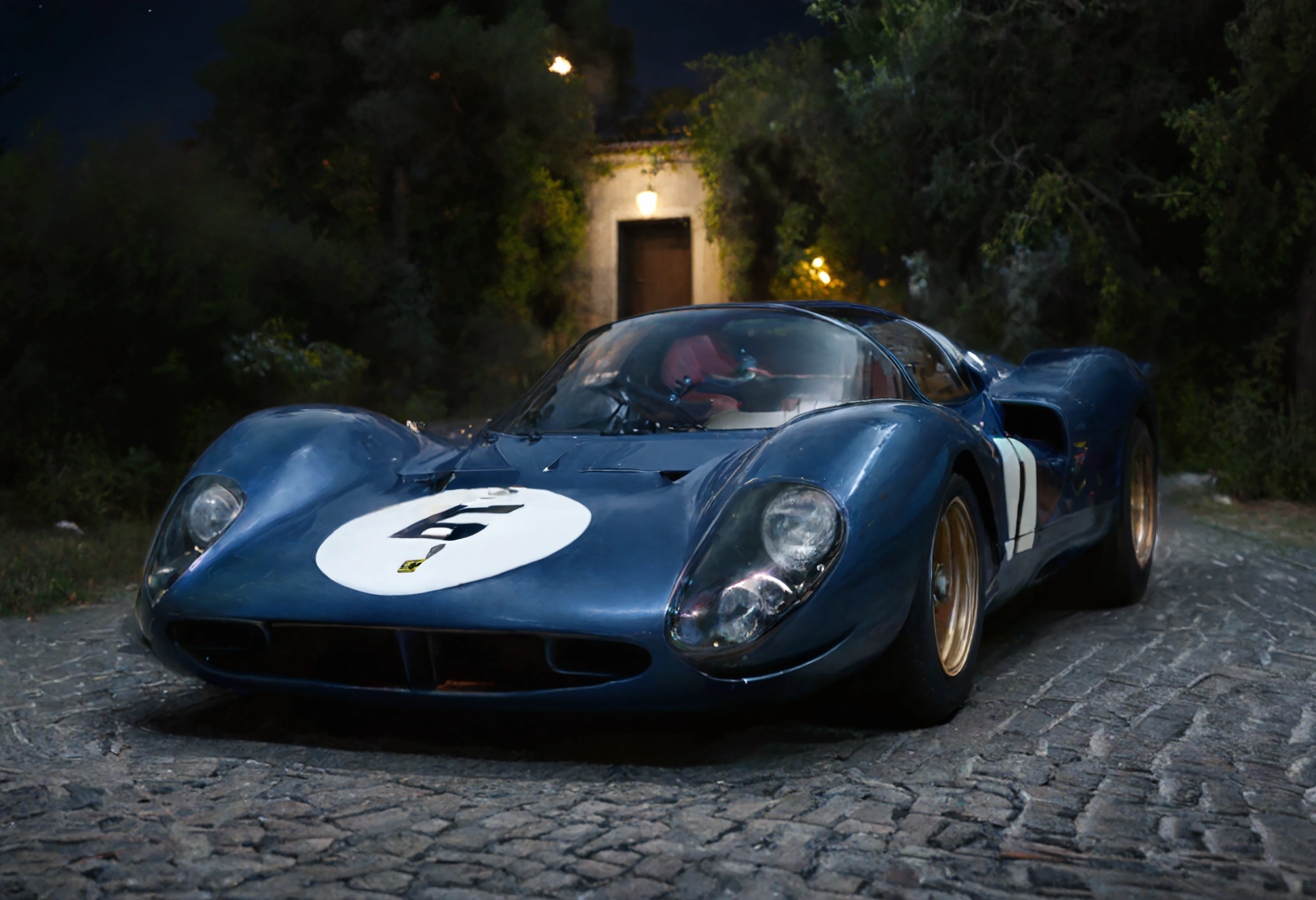 a photograph of a ferrari sports car, l960sm1deng1ne,      Moonlit Night: Moonlight casting a silvery glow, providing a mystical and romantic atmosphere., Navy Blue,  front view ,     Barcelona, Spain: Art and culture by the Mediterranean., dark chiaroscuro, low-key,   low color saturation, concept art, perfect composition, masterpiece, professional photography, zeiss lens, shot on dslr 64 megapixels, sharp focus, intricately detailed, dramatic, tilt shift,