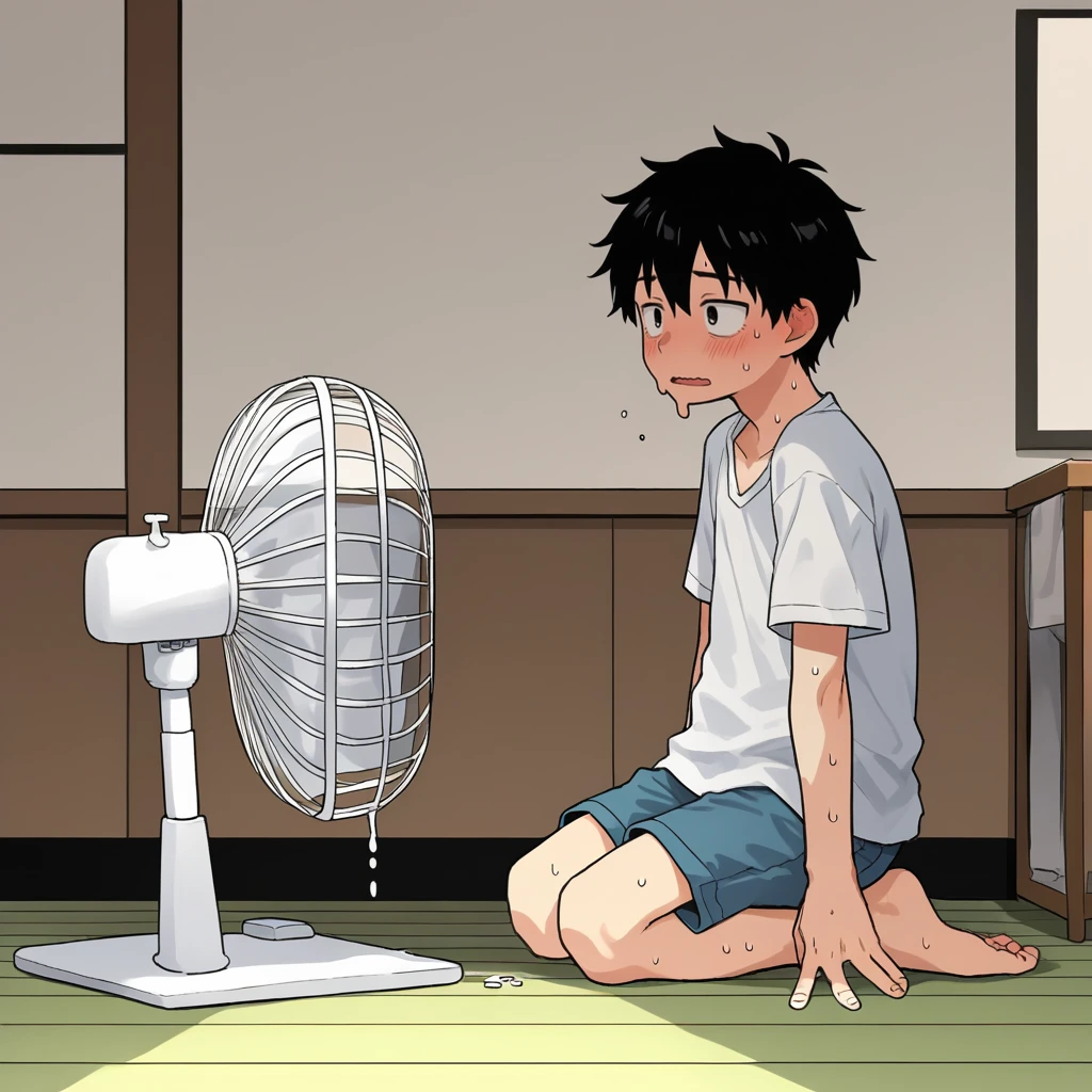 score_9, score_8_up, score_7_up, score_6_up, score_5_up, score_4_up, zPDXL2,source_anime,rating_questionable, summer, 1boy loose shirt, shorts, indoors, kneeling in front of fan, <lora:Melting:0.8> m3lt, melting, heat, sweat, sunny, flushed, collapsed