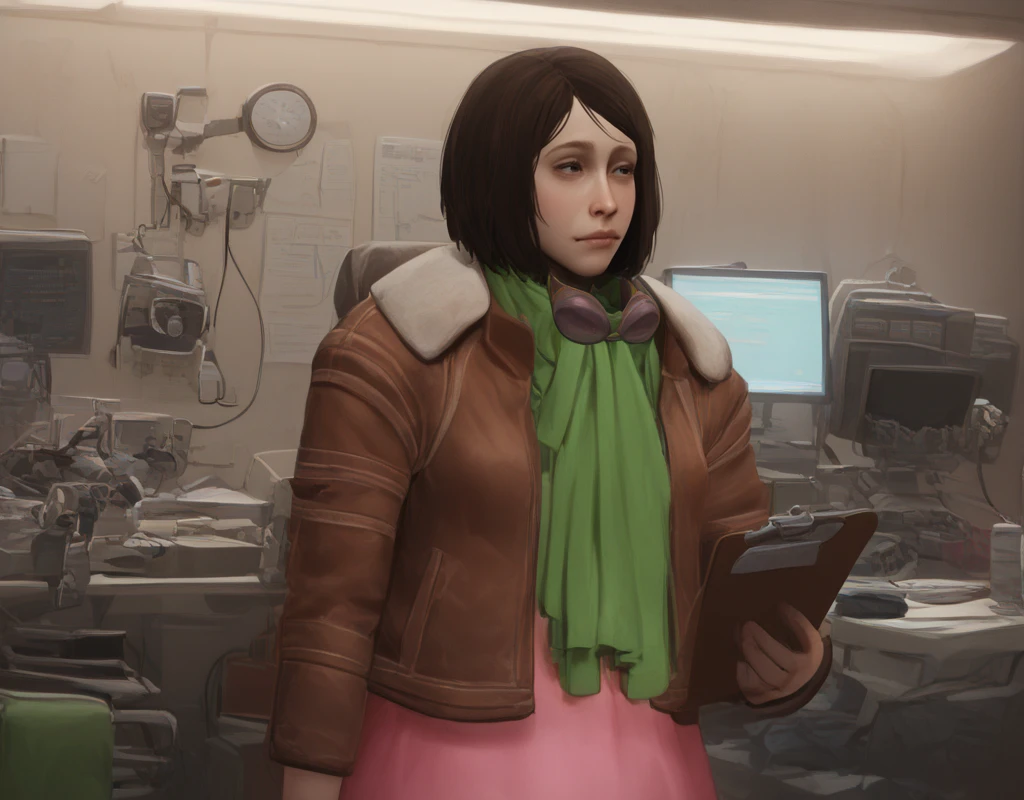 score_9, score_8_up, score_7_up, solo focus, Nat-Wright, Fallout4,  1girl, solo, brown hair, short hair, jacket, green scarf, pink skirt, goggles around neck, puffy eyes, round face, <lora:Fo4_Natalie_Nat_Wright:1> examination-room, clipboard, monitor hospital scenery, post-apocalypse, <lora:Examination_Room_BG:1>