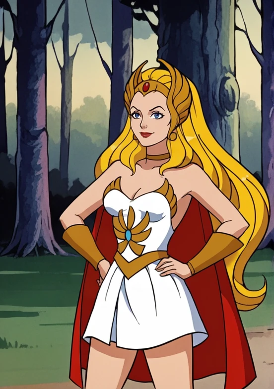 sh3ra, warrior princess, solo, blonde hair, blue eyes, friendly smile, gold tiara, white dress, white skirt, red cape, gold armour, boots, half body, hands on hips, <lora:She-Ra_Princess_of_Power_1987_-_Pony:0.8>, in a fantasy forest,