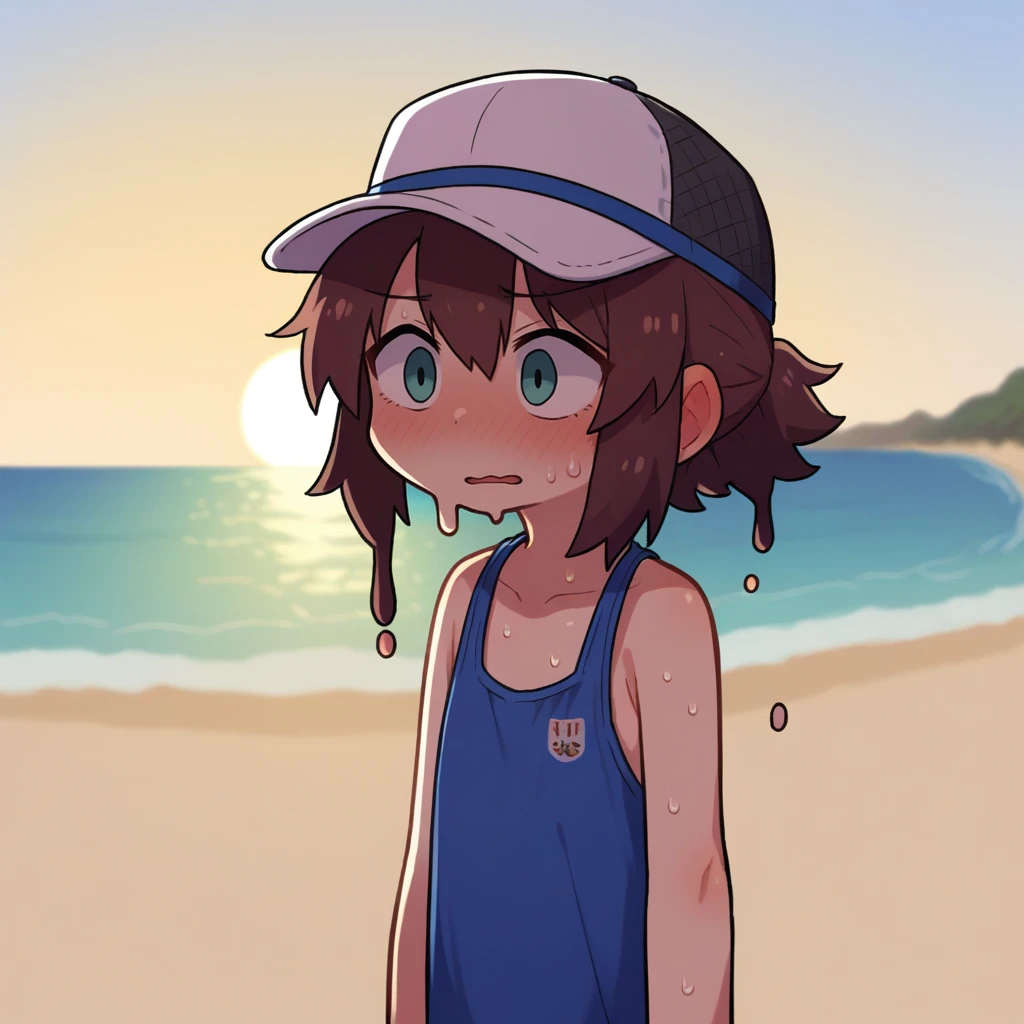 score_9, score_8_up, score_7_up, score_6_up, score_5_up, score_4_up, zPDXL2,source_anime,rating_questionable, cowboy shot, outdoors, beach, intense sun, dripping, <lora:Melting:0.8> m3lt, melting, heat, sweat, sunny, flushed, collapsed