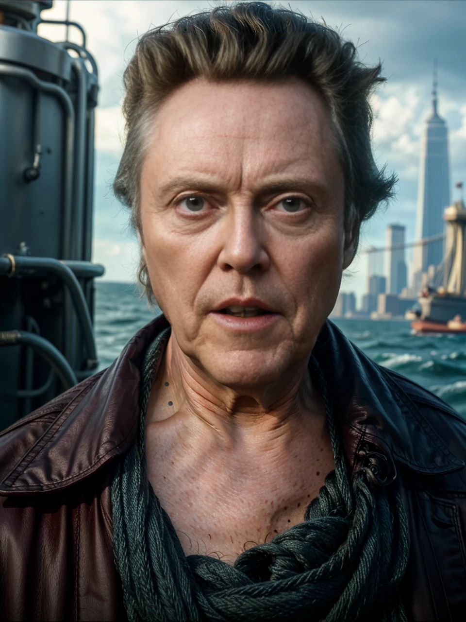 <lora:ChristopherWalken:1> christopher walken roaming the seas in 2050's new York, 4k, raw, masterpiece