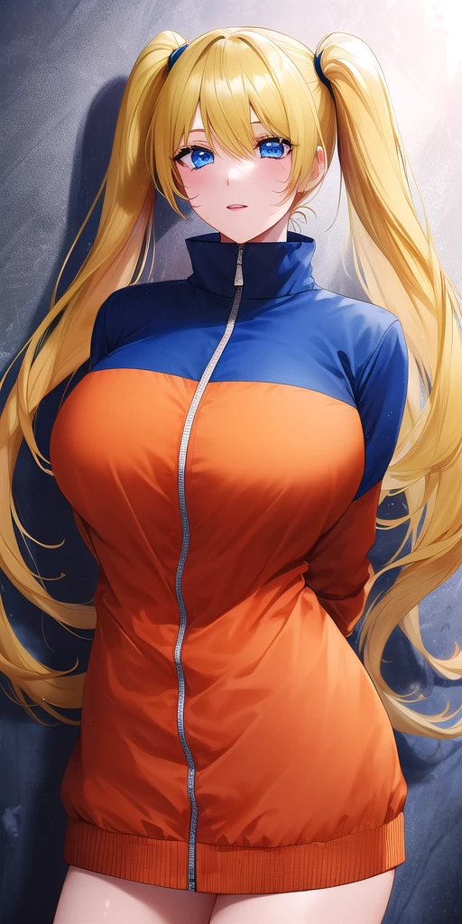 <lora:UzumakiNarukoV2:0.7> naruko_uzumaki, huge_breasts, standing, solo, arms_behind_back, multicolored_jacket_blue_jacket_orange_jacket, masterpiece, best_quality, detailed_face, detailed_eyes, highres, beautiful, detailed, absurdres,