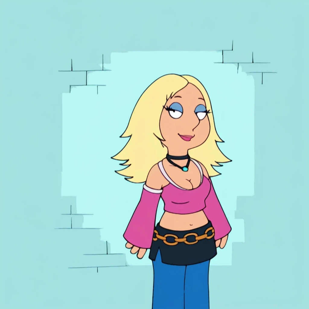 meg, blonde hair, 1girl, solo, long hair, flat color, pink shirt, crop top, navel, detached sleeves, choker, necklace, cleavage, medium breasts, black skirt, blue pants, makeup, eyeshadow, belt, standing, looking at viewer, smile, griffin household, score_9, score_8_up, score_7_up, score_6_up, score_5_up, score_4_up