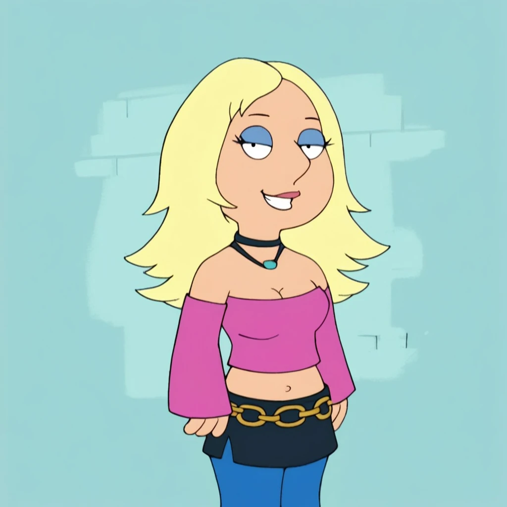 meg, blonde hair, 1girl, solo, long hair, flat color, pink shirt, crop top, navel, detached sleeves, choker, necklace, cleavage, medium breasts, black skirt, blue pants, makeup, eyeshadow, belt, standing, looking at viewer, smile, griffin household, score_9, score_8_up, score_7_up, score_6_up, score_5_up, score_4_up