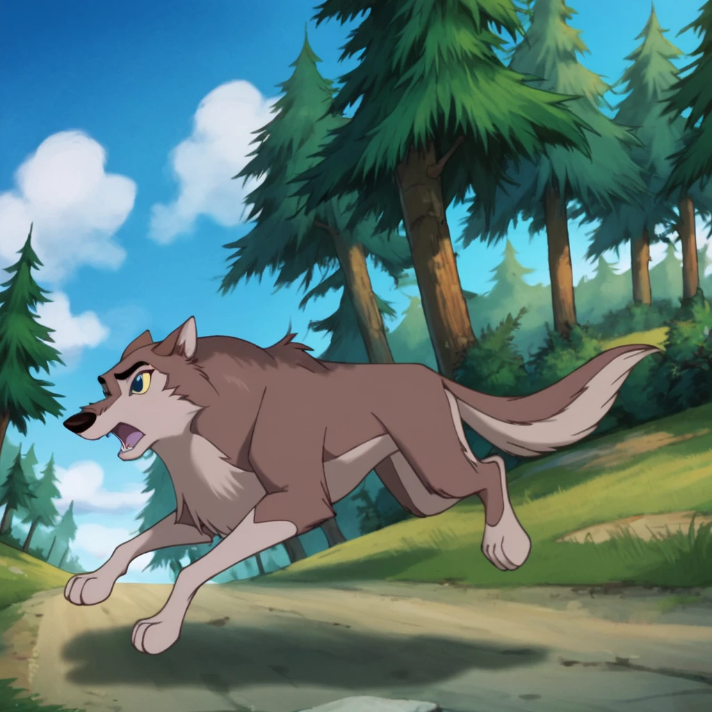 score_9, score_8_up, score_7_up, score_6_up, score_5_up, score_4_up,  <lora:Aleu:1>, aleu, open mouth, blue eyes, outdoors, sky, day, blue sky, no humans, colored sclera, dog, animal focus, animalization, 1girl, wolf, animal, body fur, two tone fur, yellow sclera, full body, running, trees,