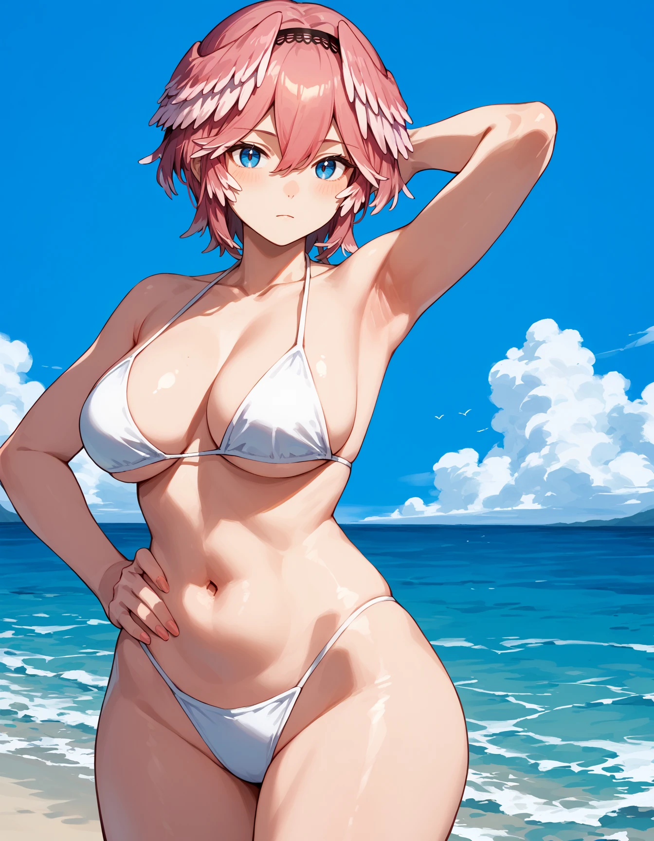 source_anime, score_9, score_8_up, score_7_up,
cowboy shot, ocean, blue sky, horizon, 
<lora:takane_lui_pony_v01a02_ep08:1> luiBase, luiAlt, 
bikini, armpit, arm behind head, contrapposto, hand on own hip, 
pink hair, short hair, parted hair, double-parted bangs, hair between eyes, black hairband,
hair wings, blue eyes, 
large breasts, wide hips, thick thighs, curvy