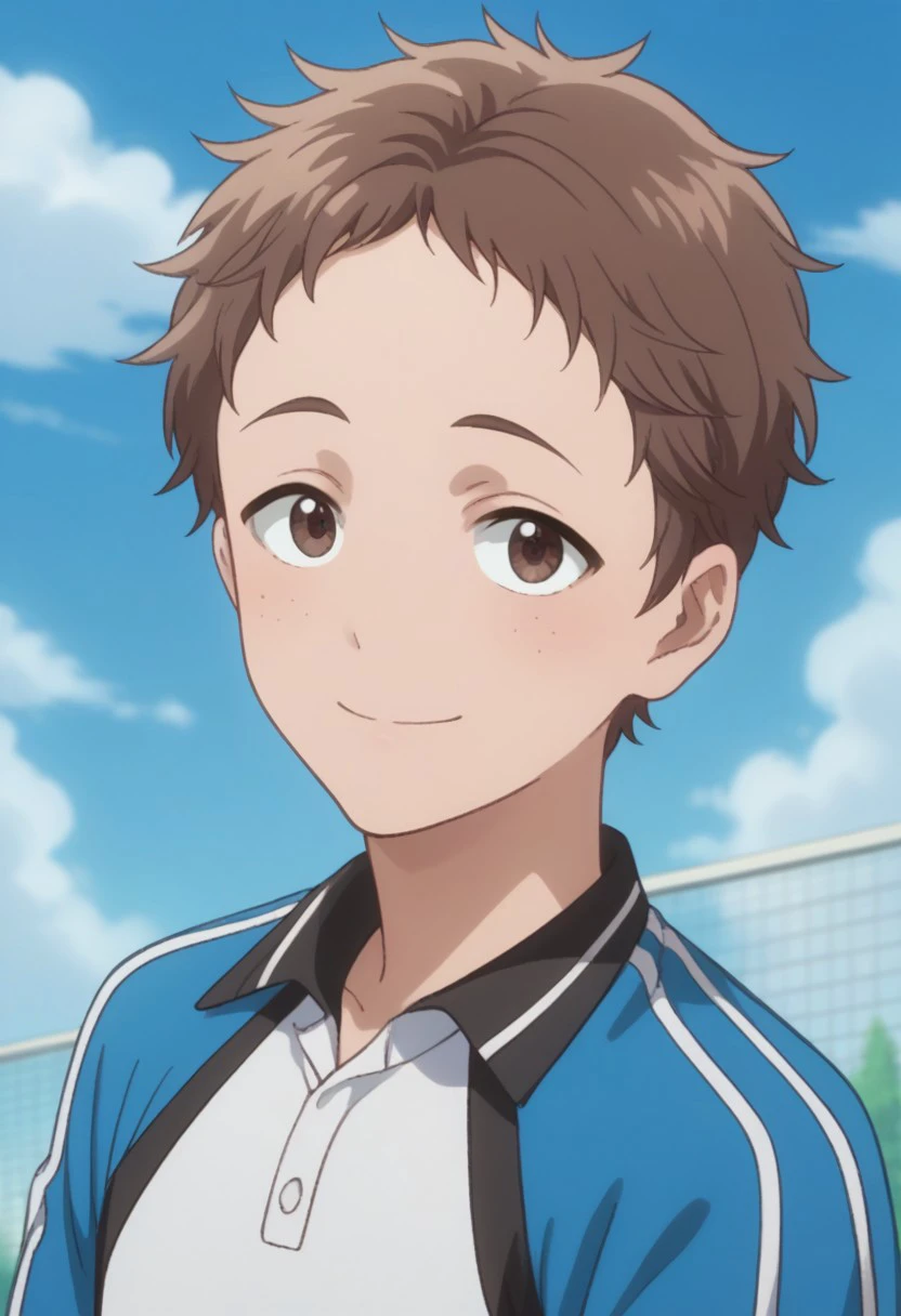 score_9, score_8_up, score_7_up, source_anime, highly detailed, 
taiyo, 1boy, male focus, brown hair, solo, upper body, brown eyes, freckles, shorts, sportswear, standing, smile,  looking at viewer, tennis uniform, raglan sleeves, white shirt,  blue shirt,
outdoor, sky,