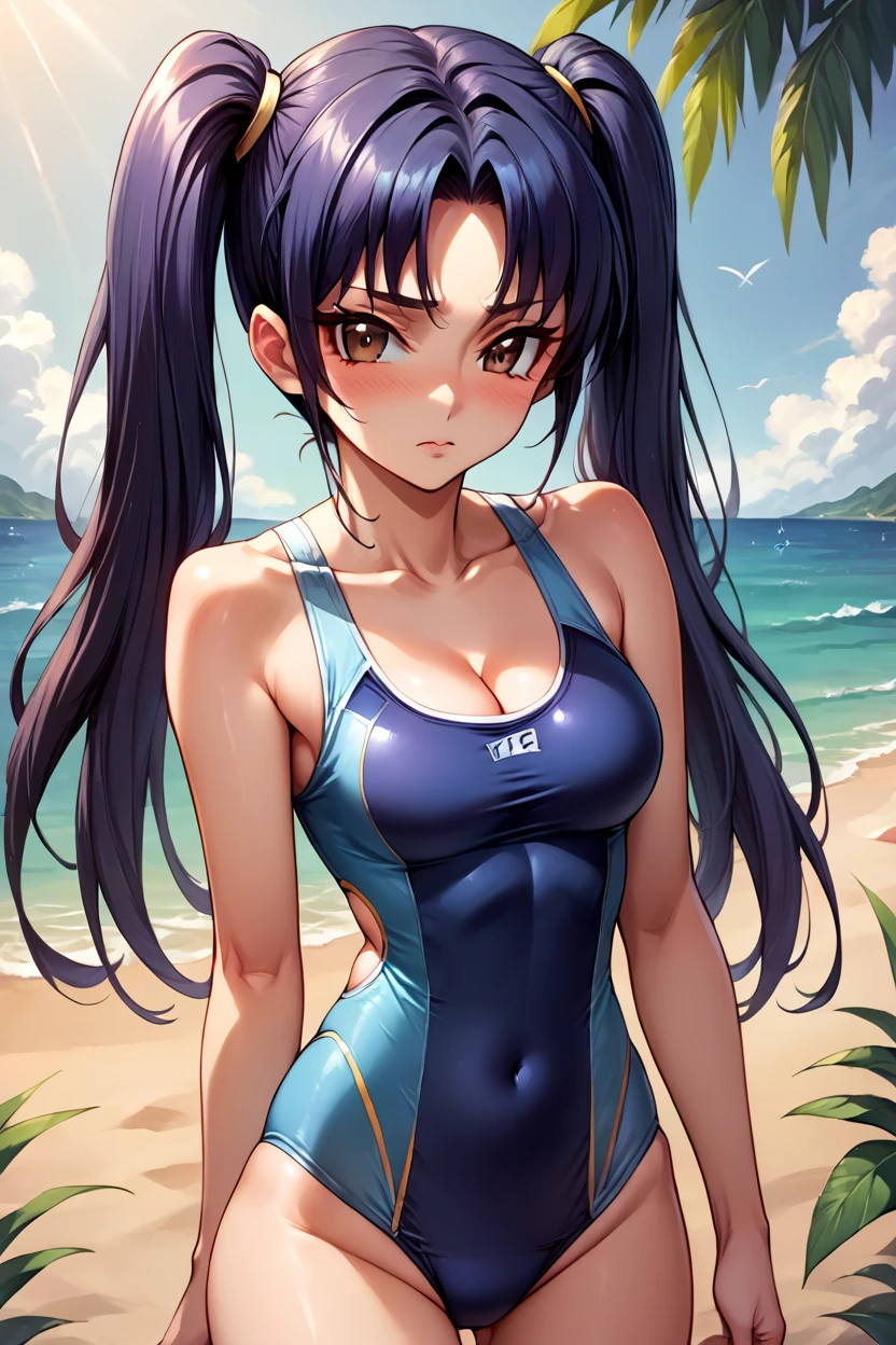 score_9, score_8_up, score_7_up, source_anime BREAK 1girl, solo, crossange_salia, cowboy shot, one-piece swimsuit, blue swimsuit, cleavage, dark blue hair, twintails, parted bangs, brown eyes, looking at you, blush, beach <lora:crossange_salia:1>