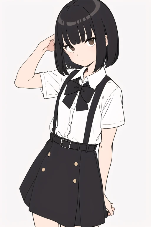 (flat color:1.25), limited palette, simple background, 

1girl, 
black hair, brown eyes,
bob cut, bangs, blunt bangs,

white shirt, collared shirt, black bowtie, short sleeves, 

suspender skirt, black skirt, brown belt, buttons,