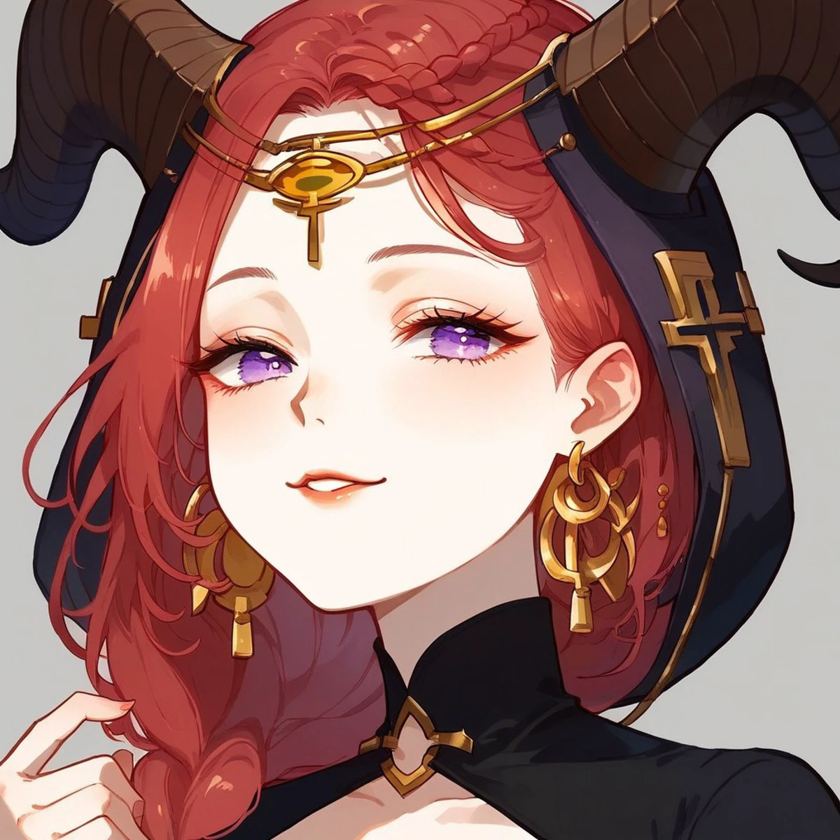 score_9, score_8_up, score_7_up, 1girl, solo, Tiefling, female, white skin, braid hair, long hair, pony tail, red hair, earings on ears, kind eyes, purple eyes, cross-shaped pupil, black dress, side slits, faint cleavage, brown horns, golden earrings, cute face, beautiful face, Upper angle, dutch angle, tavern background, smiling