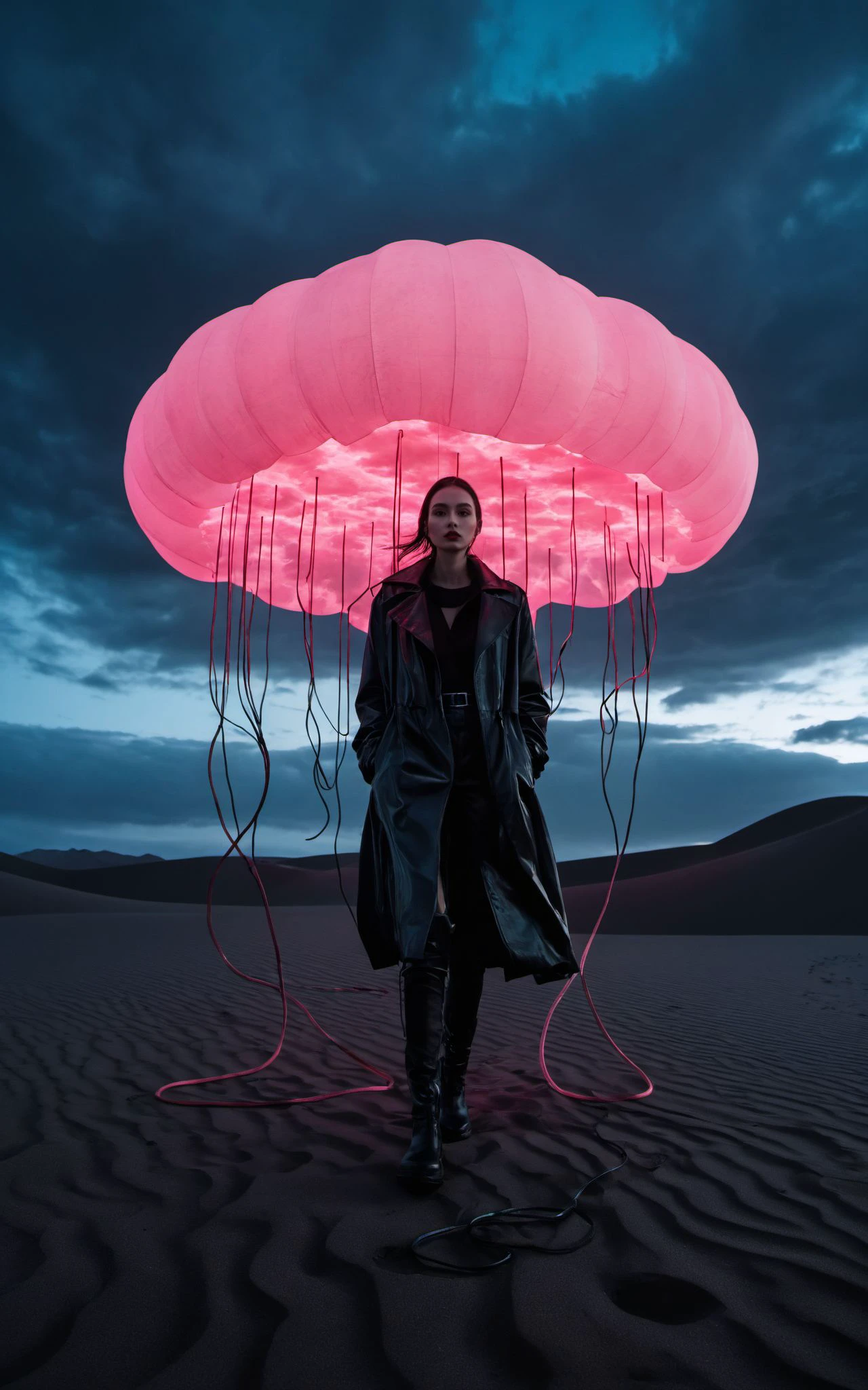 photo of a black sand desert,several giant black otherworldly creatures with cable-like hanging tentacles are floating in the starry sky,a faint red sun barely shines through the cloud cover,highly detailed,cinemascope,moody,epic,photorealistic,color graded cinematic,atmospheric lighting,award winning photo,film grain,
golden hour,unconventional supreme masterpiece,masterful details,temperate atmosphere,(balanced center composition:0.5),
with a high-end texture,in the style of fashion photography,magazine cover,Dynamic Angle,Dynamic posture,Perspective,
clouds on the ground,dark grey sky with neon pink clouds,glowing neon light blue and pink color tone,low saturations,dim lighting,