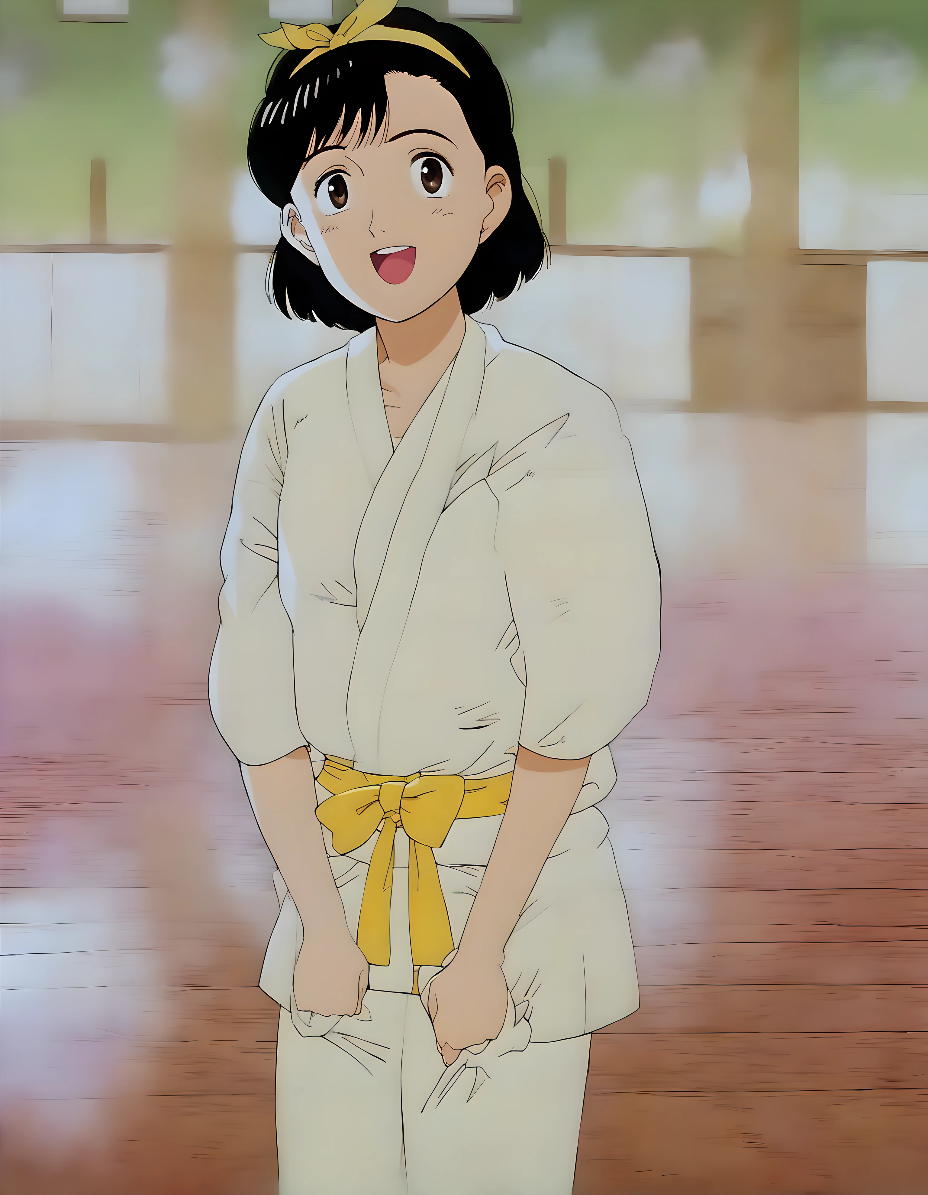 <lora:pony_xl_yawara>,yawara,score_9,source_anime,best quality,masterpiece,super fine illustration,1girl,solo,open mouth,yellow hairband,yellow bow,judo uniform,shirt,smile,;d,standing,arms_up,stretch,indoor,dojo,wood floors,looking_at_viewer,cowboy_shot,front view,depth of field,