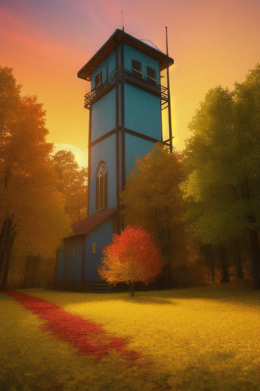 Big forest with yellow, green and red leaves at sunset, a small town with a church and a radio tower in the background, fantasy, professional canvas, triadic colors, deep color, volumetric lighting, shading with dark edges, richly detailed, matte background, style octane render.