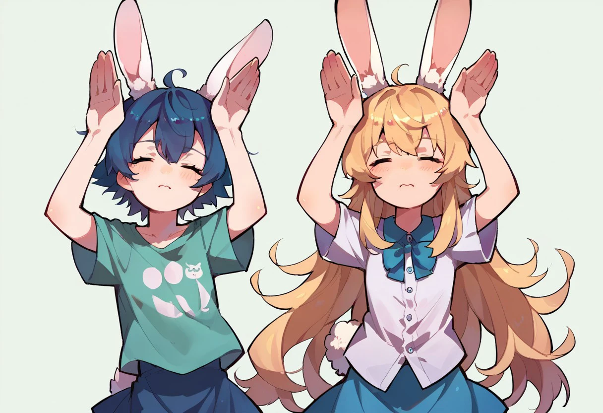 score_9, score_8_up, score_7_up, source_anime, caramelldansen, rabbit girl, :d, short hair, shirt, closed eyes, very long hair, bow, tail, 2girls, multiple girls