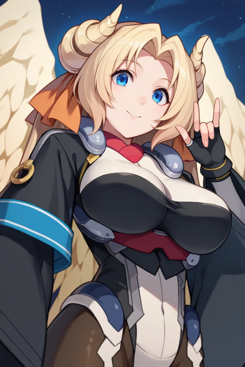 score_9, score_8_up, score_7_up, score_6_up, source_anime BREAK 1girl, solo   <lora:margotknight-pdxl-nvwls-v1-000006:1> margot knight, blonde hair, very long hair, double bun, hair ribbon, yellow wings, bodysuit, wide sleeves, fingerless gloves, pantyhose, large breasts, upper body, close-up, open eyes, stare, smile, blue eyes, night sky, looking at you, portrait