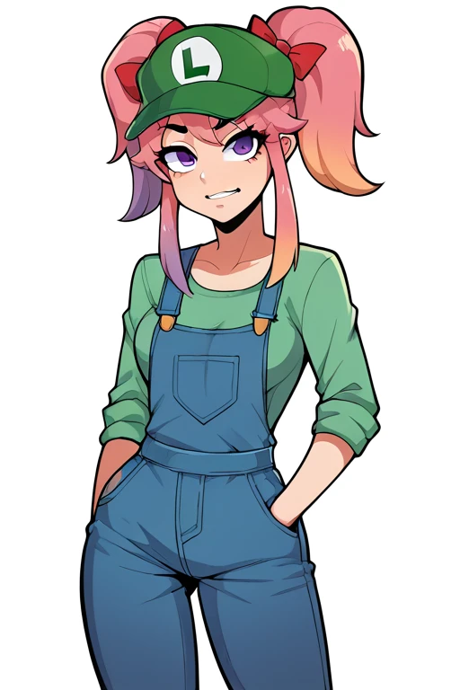 2D, score_9, score_8_up, score_7_up, BREAK, 1girl, Saiko Bichitaru, Pink Hair, Purple Eyes, pigtails, red ribbons, green hat, green shirt, purple overalls, Luigi<lora:EMS-425994-EMS:1.000000>