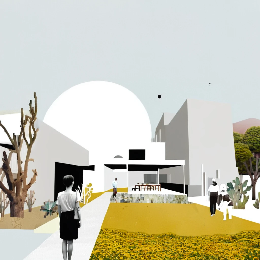 ((architecture collage render, cut out, photoshop collage, minimal colors,magazine cutouts)) 