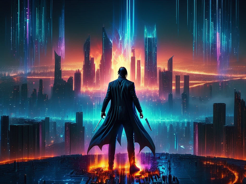 John Wick facing Batman, digital burning city in the background, at night, <lora:CyberspaceSDXL-V2:0.8> cyberspace, (matrix inspired landscape:1.2), depth of view, realistic photo