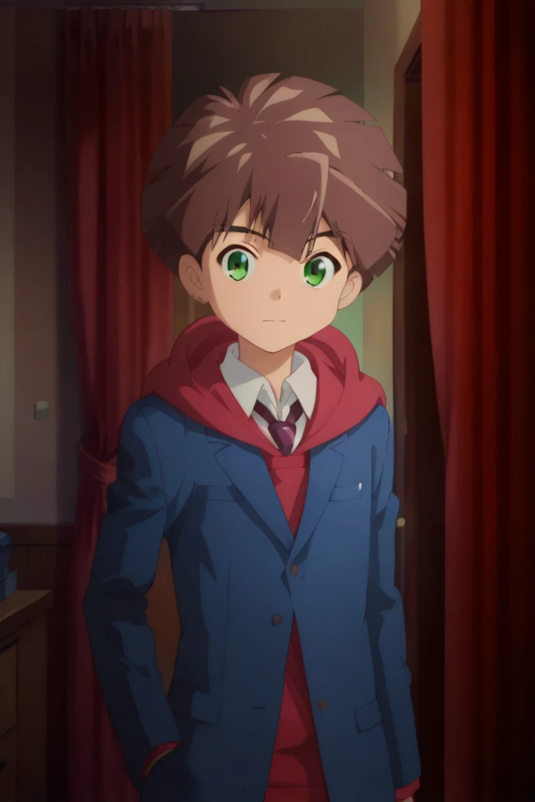 score_9, score_8_up, score_7_up, score_6_up, detailed, intricate details,best quality ,source_anime, cowboy shot,
hiro amanokawa, brown hair, green eyes, blue blazer, red hoodie, white shirt, necktie, 1boy, male focus, solo, looking at viewer, curtains, school uniform, hood, fake screenshot, indoors, hoodie, anime coloring, male child, parody, door, short hair, hallway<lora:EMS-421264-EMS:1.000000>