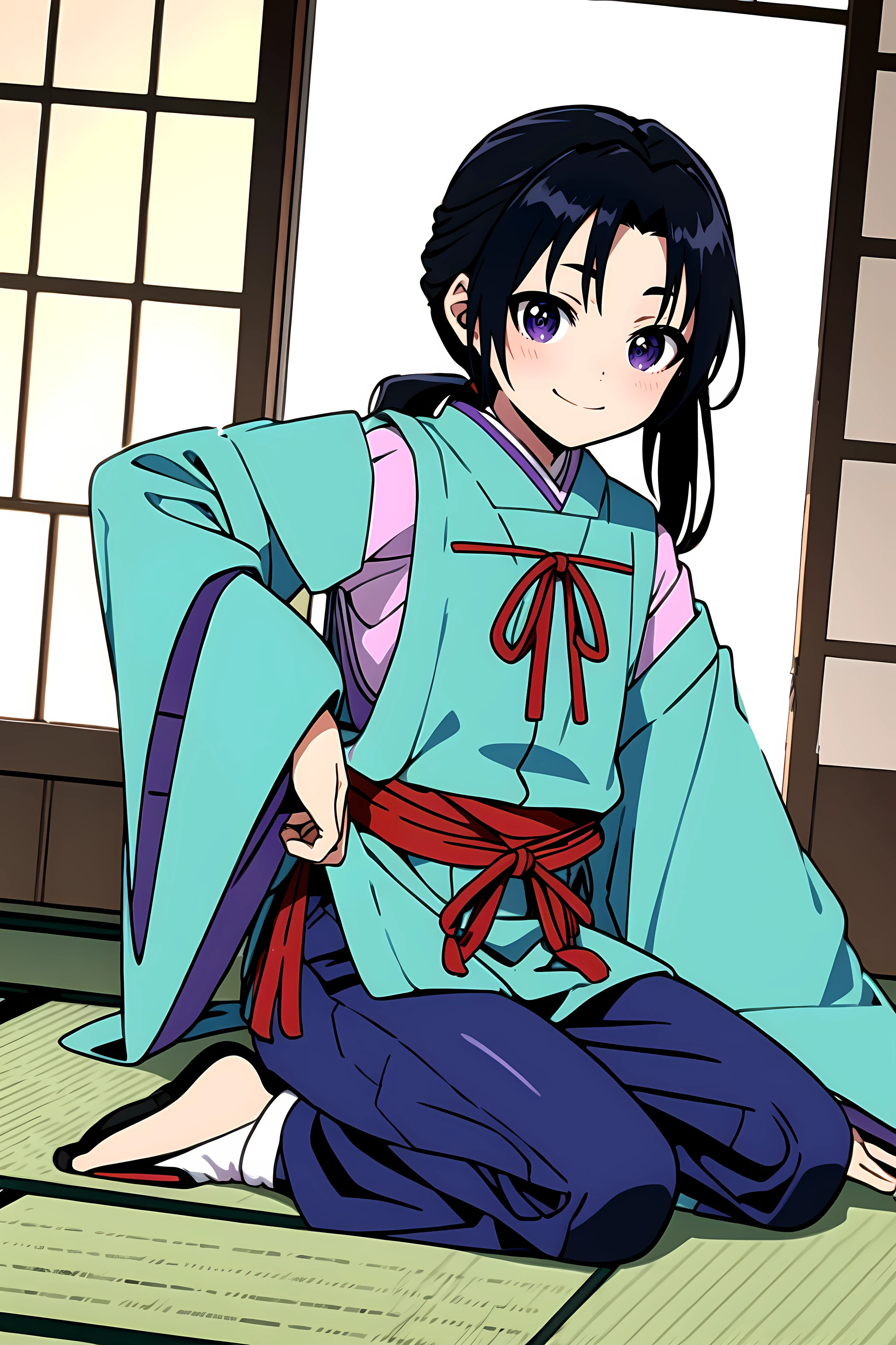 masterpiece, best quality, HojoTokiyuki, 1boy,  young boy,solo, black hair, japanese clothes,  long hair, purple eyes, male focus,cute,sit,seiza, baggy pants, blue pants,wide sleeves, pose,sandals, ribbon trim,very long hair, ponytail, smile, sheathed, smile, bangs, socks, sheath, indoors ,<lora:Hojo Tokiyuki:0.75>