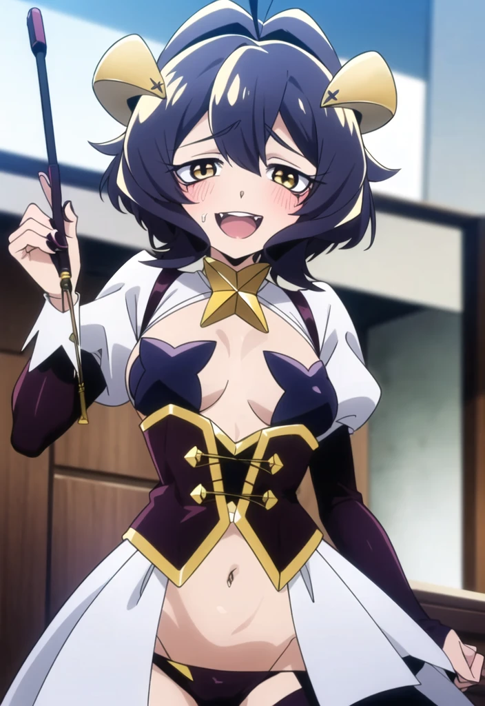 ((1girl)),((alone)), utena hiiragi,(masterpiece), (best quality), (ultra detailed), (best illustration), (best shadow), (absurdities), sharp focus, cowboy shot , dynamic posture looking at the viewer, small breasts, narrow waist, wide hips, wide thighs, round butt, erotic, romantic, (very detailed eyes, lips 1.1), very detailed eyes, eyes, Very detailed face, Very pretty face, height full, beautiful slim figure, femininity, expressive appearance, elastic small breasts, increased sexuality, short hair, purple hair, ahoge, yellow eyes,+.+, hair between eyes, demon wings, demon horns, pasties, fangs, girl demon, empanada star, puffed sleeves, purple gloves, navel, purple pants, bat wings, crop top, corset, white dress, defined body, perfect and beautiful body, perfect and beautiful, smile, crazy smile, lips parted, fang, saliva, blushing, hand on chest, (sexy pose: 1.2), ((solo)), standing: 1.3, outdoors, city, cityscape, streets, cloudy sky, clouds, looking forward, ((focus on the thighs), point View: (from below), red blush, perfect anatomy, perfect hands.