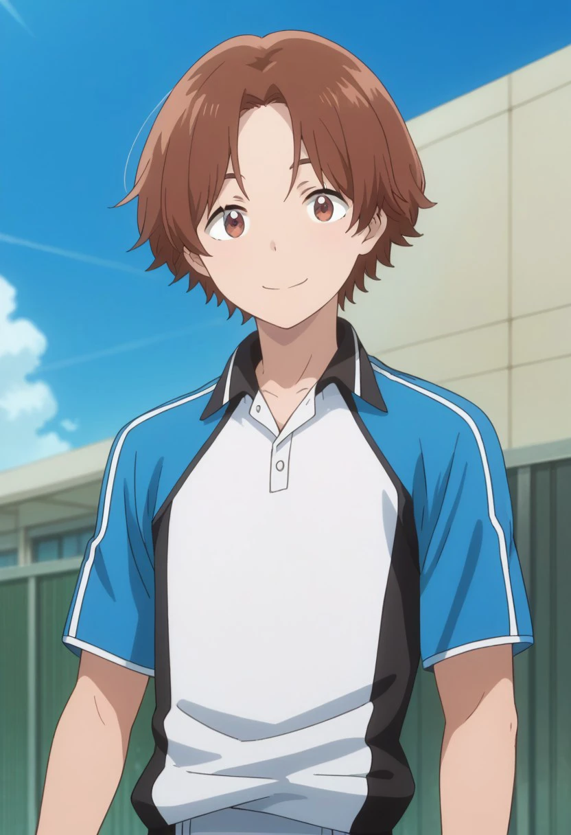 score_9, score_8_up, score_7_up, source_anime, highly detailed, 
rintaro, 
1boy, male focus, brown hair, solo, brown eyes, upper body, sportswear, shorts, smile, looking at viewer, standing, white shorts, tennis uniform, shirt, raglan sleeves white shirt, blue shirt, 
outdoor, sky,