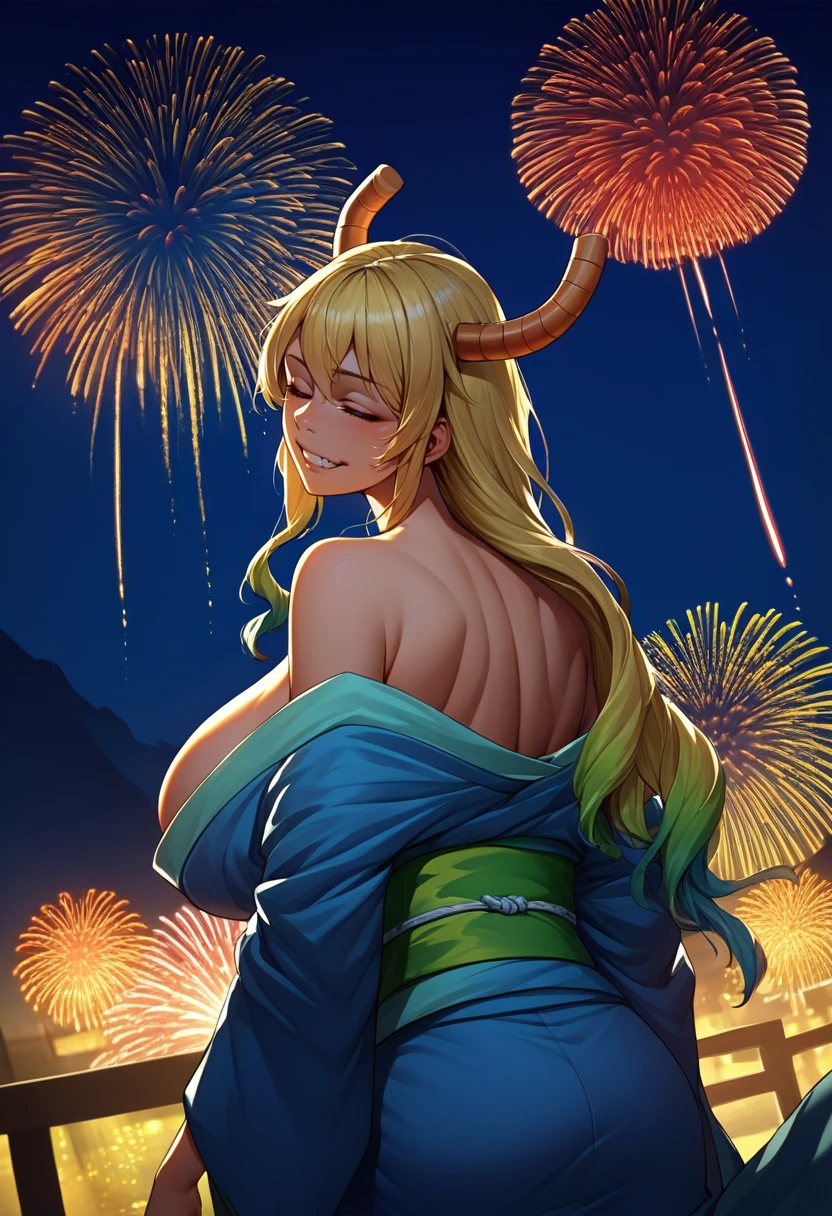 score_9, score_8_up, score_7_up, source_anime, from behind, solo, 1girl, mkdmluc0a, grin, looking back, dragon horns, closed eyes, japanese clothes, blue kimono, off shoulder, green sash, bare shoulders, huge breasts, fireworks <lora:maidragon_lucoa_ponyXL:1>