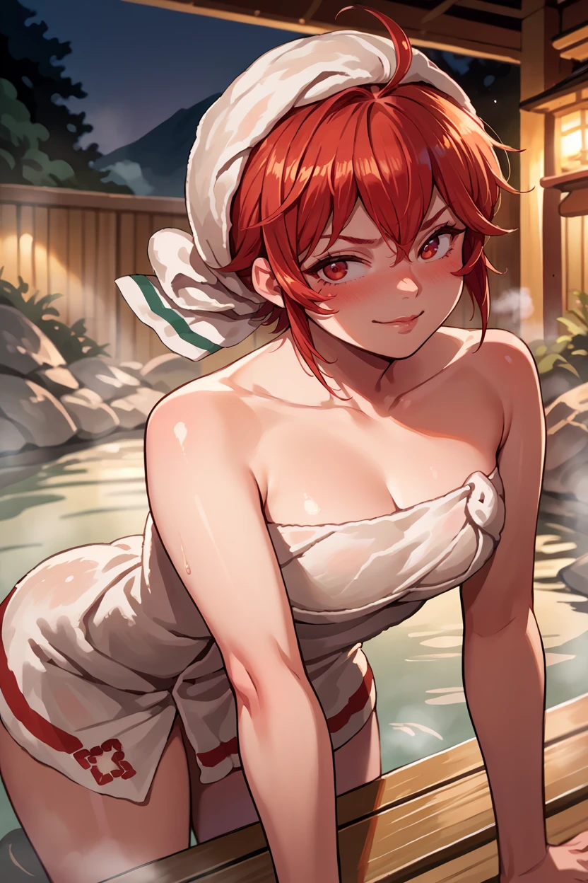 score_9, score_8_up, score_7_up, score_6_up, source_anime, 1girl, solo, <lora:fehinoka-pdxl-nvwls-v1-000006:1> hinoka, red hair, short hair, ahoge, towel on head, naked towel, red eyes, all fours, onsen, steam, looking at you, seductive smile, blush