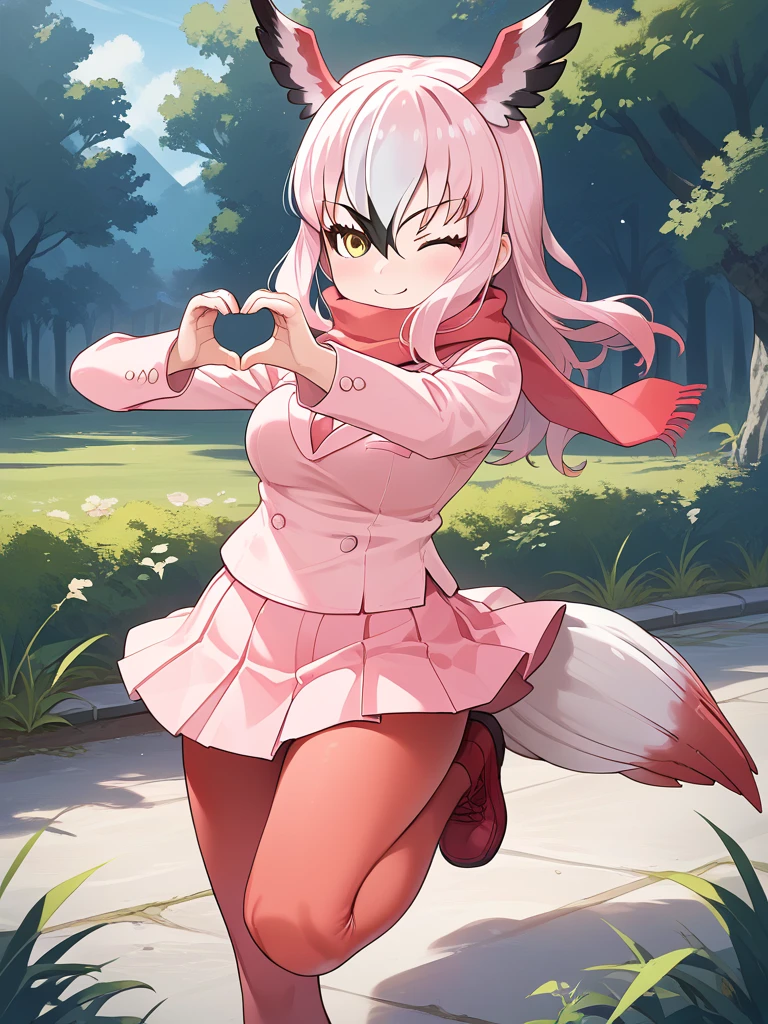 score_9, score_8_up, score_7_up, BREAK source_anime, best quality, masterpiece,very aesthetic, 1girl, zPDXL2,official art,
greater_flamingo_(kemono_friends), head wings, skirt,  multicolored hair, pink hair,  long hair, white hair, bird tail, wings, yellow eyes,tail, 
long sleeves, pink jacket,scarf,buttons,pleated skirt, pink skirt,red pantyhose,shoes, 
 <lora:greater_flamingo_(kemono_friends)_pony_v1:1>
standing on one leg,one eye closed, heart hands,
 smile,looking at viewer,full body, 
outdoors,sabana,