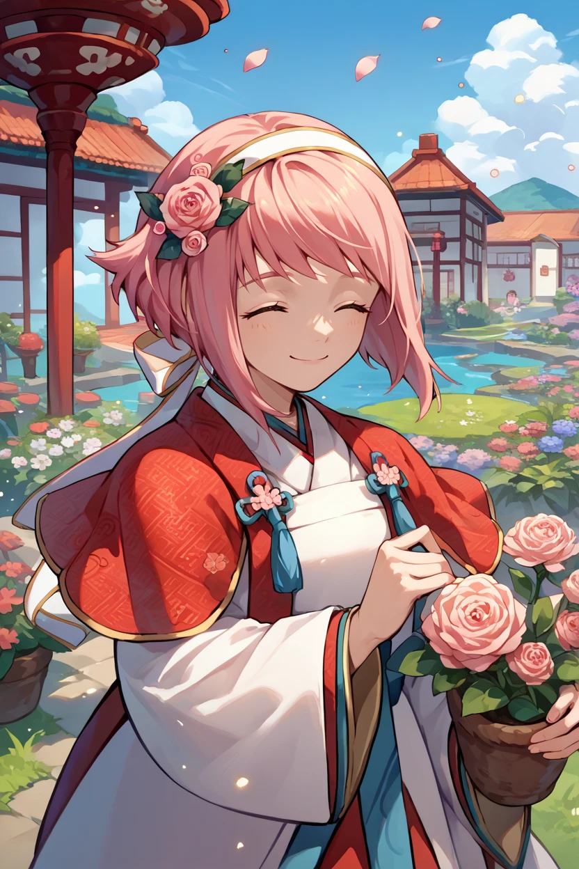 score_9, score_8_up, score_7_up, score_6_up, source_anime, 1girl, solo, <lora:fesakura-pdxl-nvwls-v1-000008:1> valSaku, pink hair, short hair, white hairband, hair flower, red capelet, white kimono, smile, closed eyes, happy, blue sky, garden