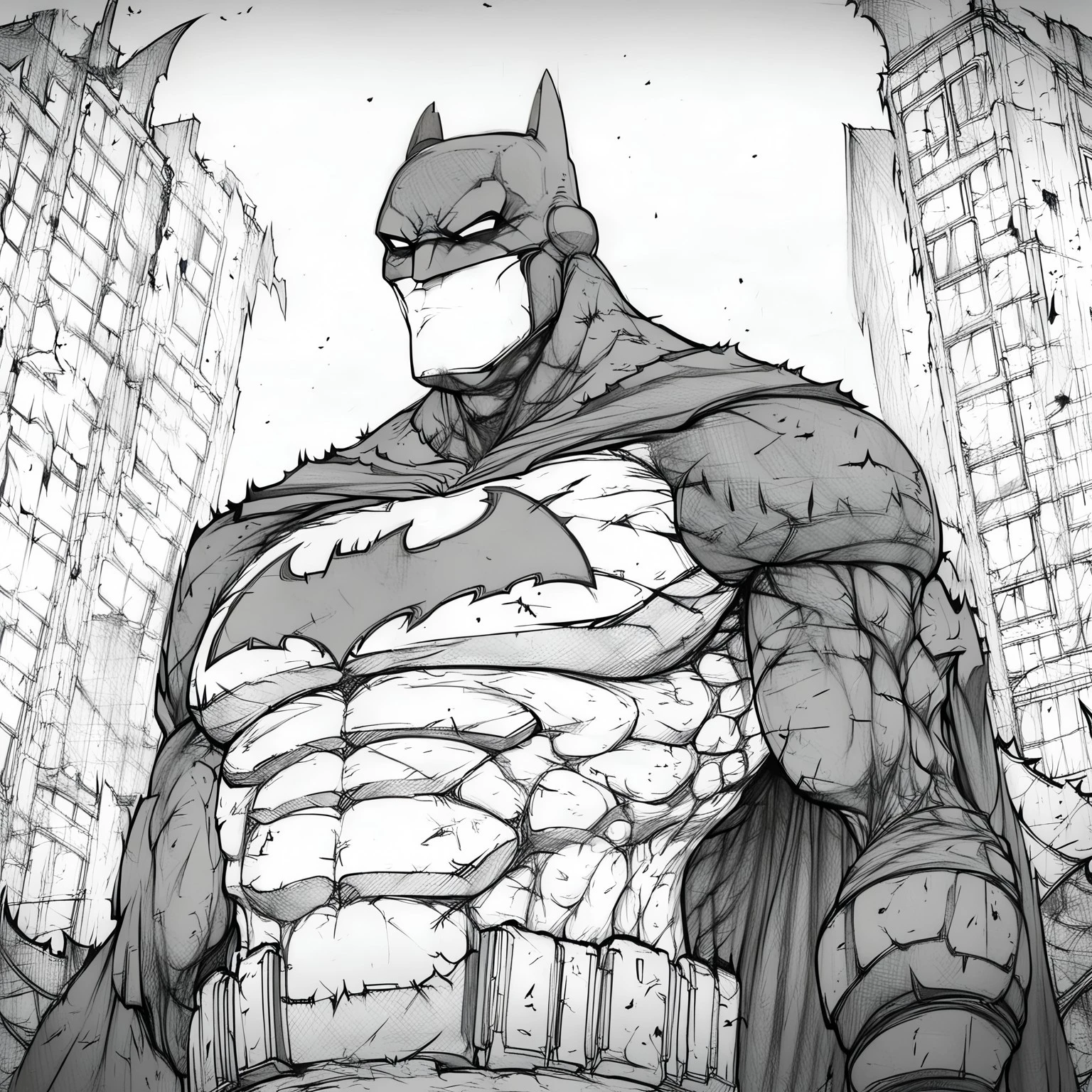 Evang, Batman standing in a destroyed city street with torn clothing, scars, scratches, battle damaged suits, tactical armor, muscular, menacing look, Batmobile to the left in the background 