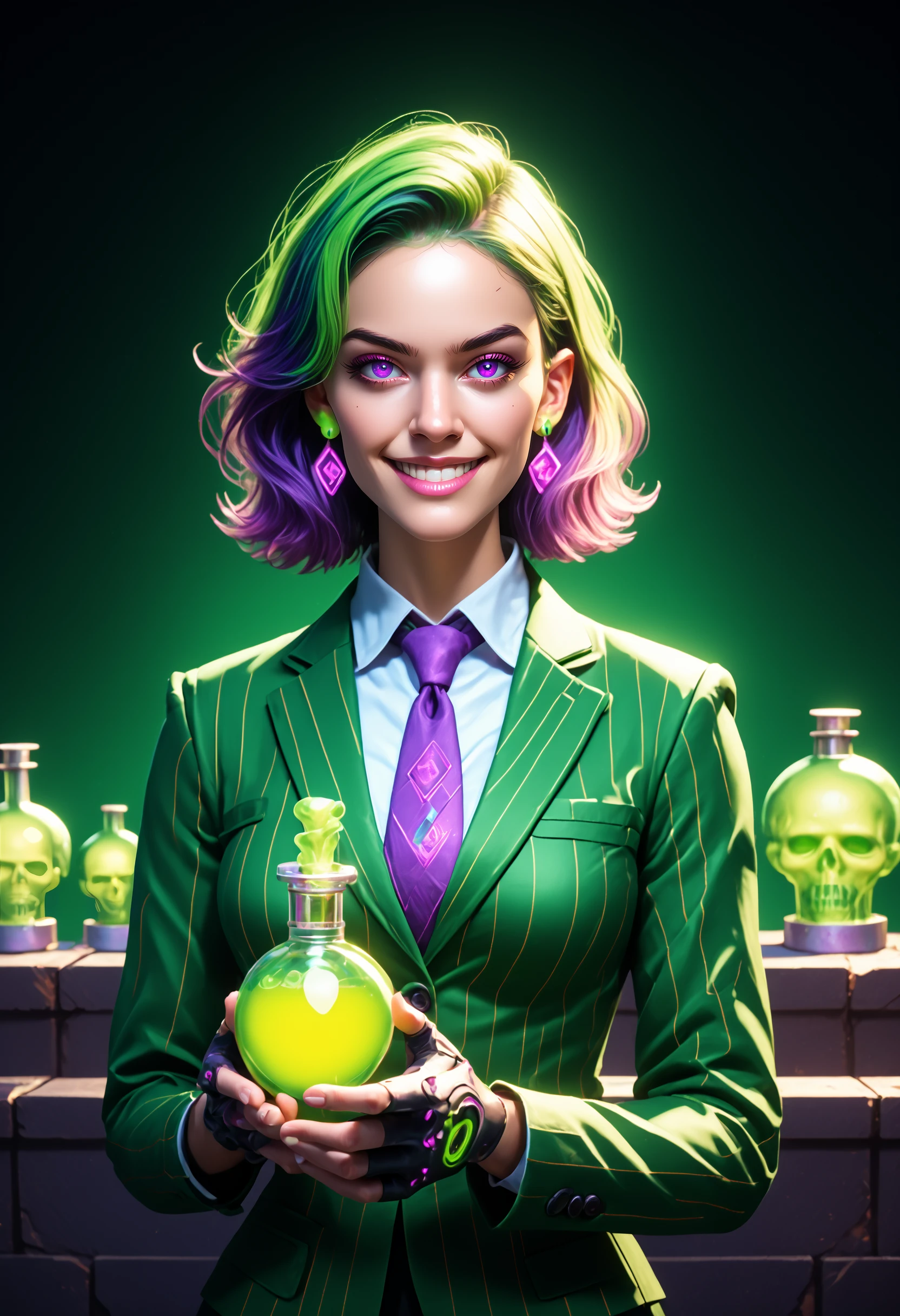 (realistic photo), BREAK cinematic, highly professional, high contrast, BREAK lo-fi, (masterpiece, best quality),  1girl, solo, smile, gloves, green hair, two tone hair, dyed bangs, medium length hair, multicolored hair, black hair, purple hair, white shirt, looking at viewer, black gloves, grin, jewelry, collared shirt, jacket, formal, mature female, necktie, purple eyes, necklace, depth of field, white suit, pinstripe suit, prison clothes, holding a bottle, potion bottle with green magic, fingerless gloves, earrings, white shirt, magic, green fire, flames, green theme, neon, green, slime tutorial, beetlejuice beetlejuice beetlejuice , beetlejuice inspired, underworld vibes, outdoors, hellscape,, rule of thirds, rim lighting,  gradient overlay, lo-fidelity, chromatic abberation, film grain, masterwork photography, (specular highlights, full body, zoom out, slime tutorial, beetlejuice), (fantasy), (lens flare, prismatic), Unreal Engine 5, cyberpunk, cinematic photography, dark background, rembrandt lighting, professional photography, detailed face, perfect anatomy, ultrasharp, desktop wallpaper, futuristic, neon theme, realistic, PonyXLV6_Scores