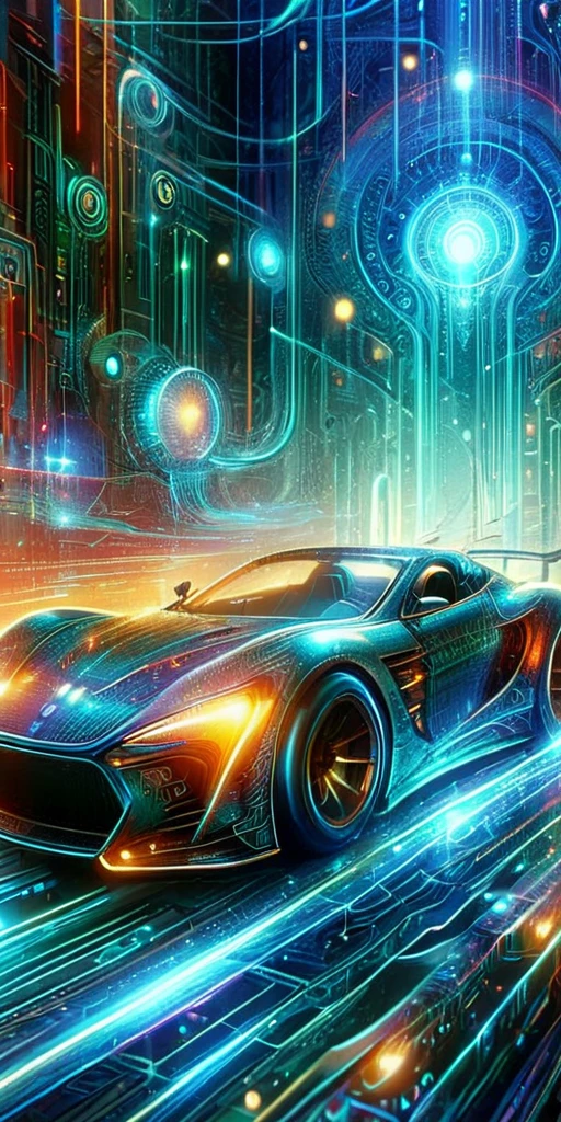 a futuristic car with glowing lights and a bright background, intricate digital artwork, racing, featured on cg society, adjustment of temporal matrix, beautiful avatar pictures, high speed, drifting, in matrix, background art nouveau, promotional render,  <lora:Cyberspace:1> cyberspace, glowing magical energy in cyberspace