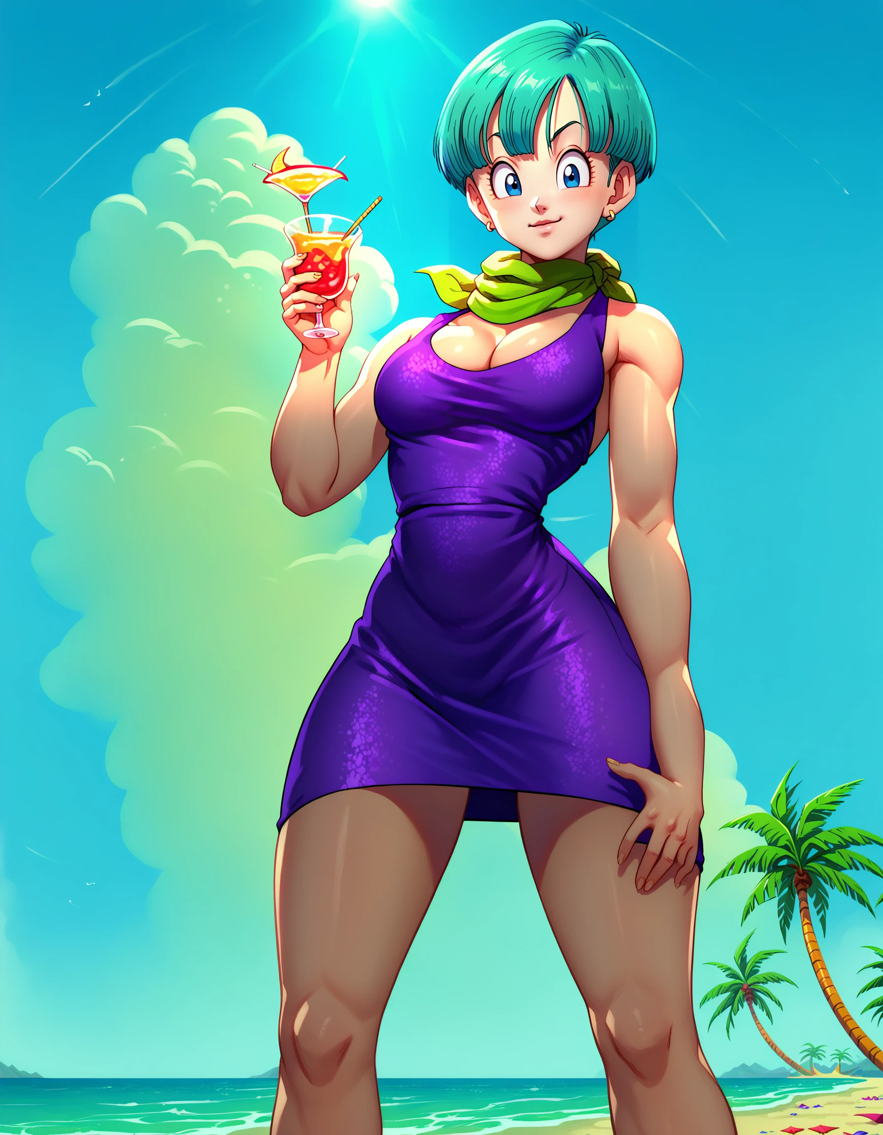 zPDXL
bulmaxl, 1girl, solo, looking at viewer,
short hair, earrings, 
purple dress, short dress, from below, high heels, green scarf, sunny, cloud, backlighting, cleavage, blue sky, cocktail dress, beach, 
<lora:bulmaxl4-000003:1>