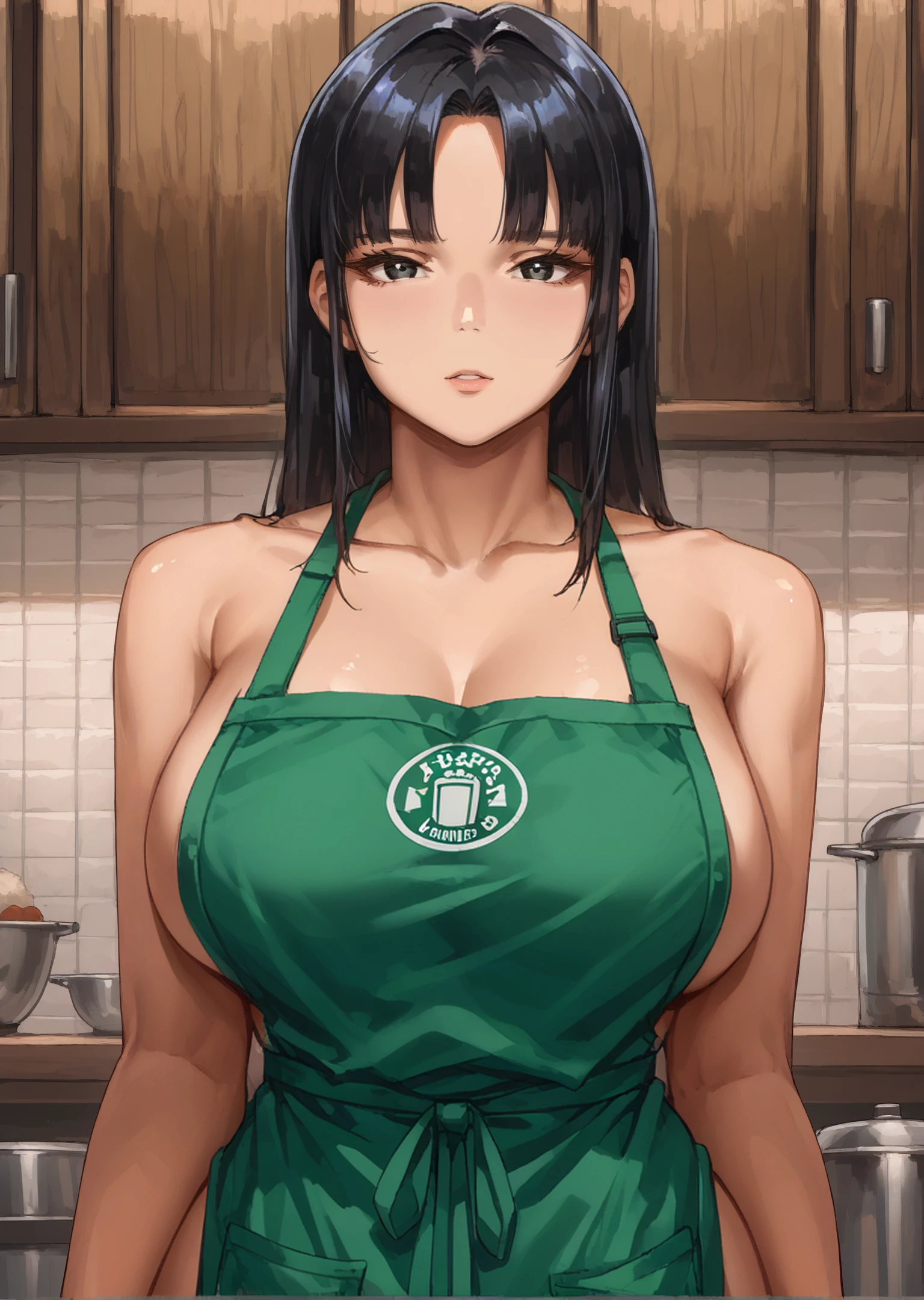 naokolynus,1girl,large breasts,black hair,bangs,long hair,black eyes,solo,ponyxl_icedlattewithbreastmilk_ownwaifu,green apron,cleavage,naked apron,<lora:NaokoLynusPony:0.75>,score_9,score_8_up,score_7_up,score_6_up,score_5_up,<lora:add-detail-xl:0.3>,<lora:Perfect Hands:1>,<lora:PONYXL_IcedLatteWithBreastMilk_ownwaifu:1>,