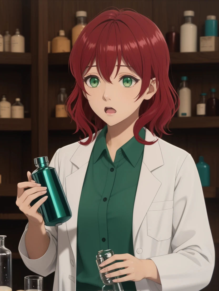 masterpiece, best quality,
<lora:dahlia.sd15.v2:0.6> dahlia, red hair, green eyes,
white shirt, loose shirt,
lab coat, white coat,
laboratory, flask, bottle,
surprised,