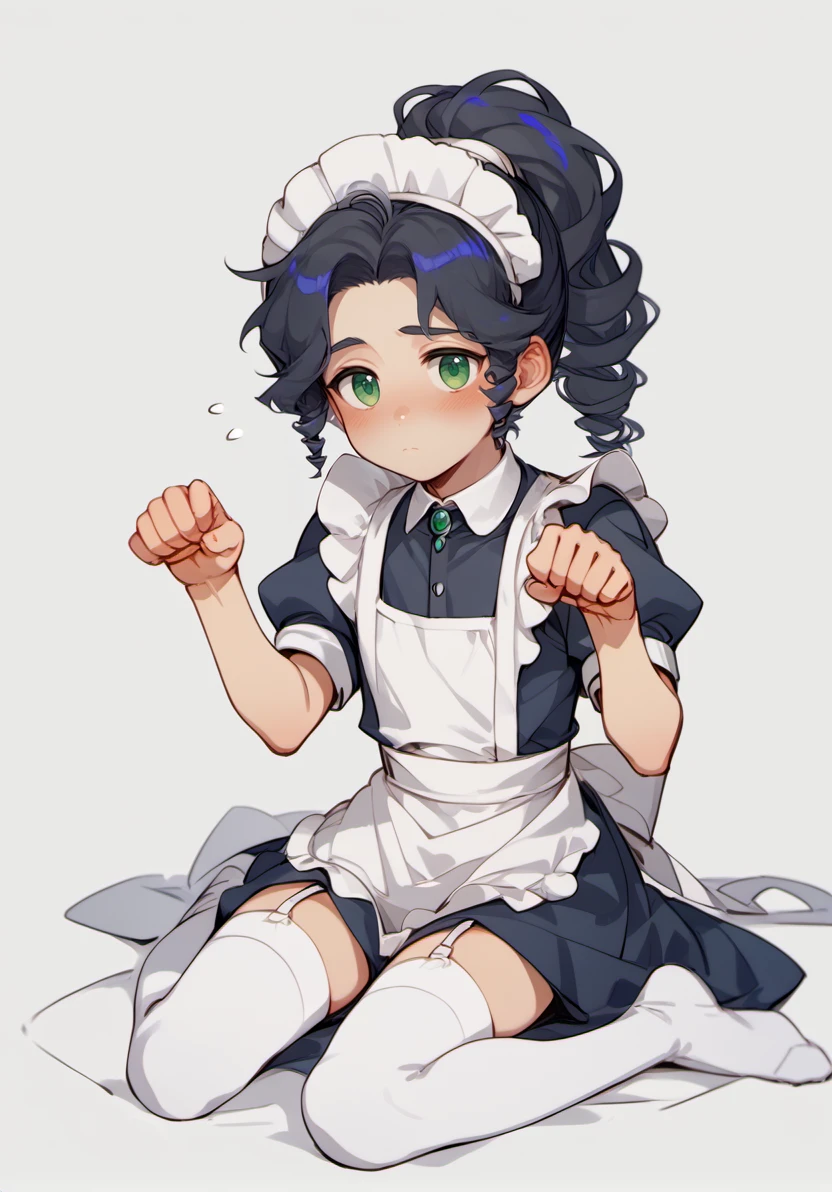 score_9, score_8_up, score_7_up, masterpiece, best quality, 1boy, solo, yong boy,  <lora:MaiLanPony:1>  meilan, ponytail, black hair,  green eyes,   full body, sitting, blush, apron, white thighhighs, maid, maid headdress, garter straps, paw pose, enmaided