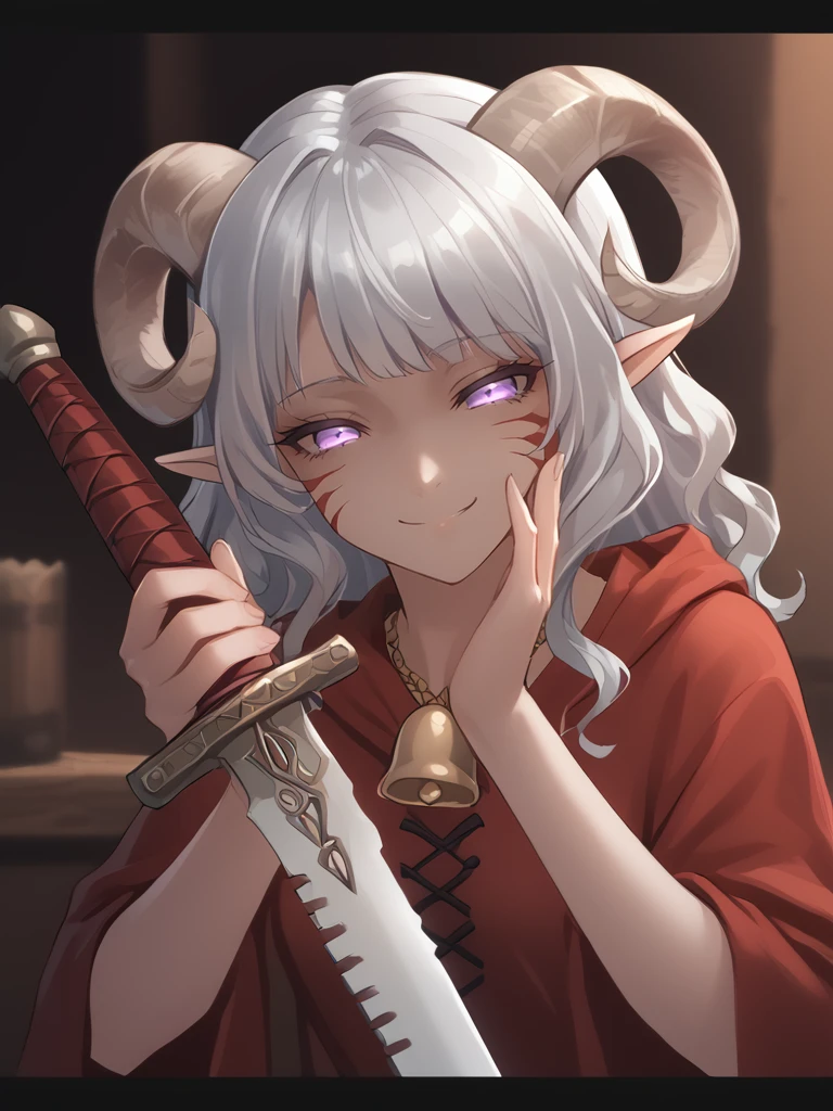 tavern,  close up, 
source_furry, score_7_up, rating_safe, source_anime,anime face,<lora:whisker_markings:0.8>red whisker_markings, silver long wavy hair,  bell necklace, short pointy ears, purple eyes, <lora:age_slider_v4:0.6>
<lora:Smooth Style 2 SDXL_LoRA_Pony Diffusion V6 XL:0.3>  smile, cowboy shot, 
<lora:Test_Diana:0.8> tiefling_bard_diana,   <lora:INKxXmo shaded face:0.4> INKxXmo Dark Theme, Shaded Face <lora:sword_breaker_r1-000006:1.2>,
sword_breaker:1.4, holding sword_breaker:1.3, saw blade:1.4 hands up,  <lora:polki:0.4>