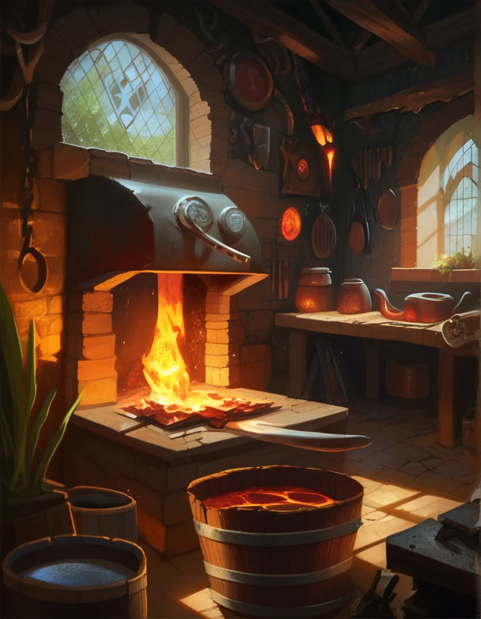 score_9, score_8_up, score_7_up,   detailed background,  realistic lighting,
<lora:Fantasy_Forge12:0.75>, Fantasy Forge, Furnace, water bucket, anvil, hot iron, fire, molten iron, scenery,  plant wines, window, hot iron,