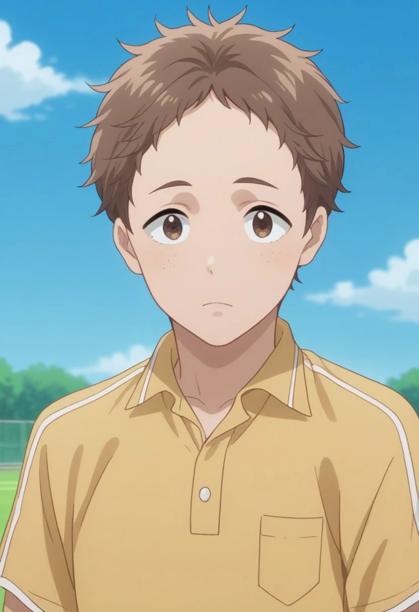 score_9, score_8_up, score_7_up, source_anime, highly detailed, 
taiyo, 1boy, male focus, brown hair, solo, ypper body, brown eyes, freckles, shirt, polo shirt, yellow shirt,
outdoor, sky,