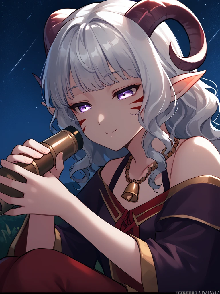 close up, source_furry, score_7_up, rating_safe, night sky, sitting, 
anime face,<lora:whisker_markings:0.8>red whisker_markings, silver long wavy hair,  bell necklace, short pointy ears, purple eyes, <lora:age_slider_v4:0.6>
<lora:Smooth Style 2 SDXL_LoRA_Pony Diffusion V6 XL:0.3> 
<lora:Test_Diana:0.8> tiefling_bard_diana,   <lora:INKxXmo shaded face:0.4> INKxXmo Dark Theme, Shaded Face ,
 <lora:hand_telescope:1>hand_telescope, holding_telescope