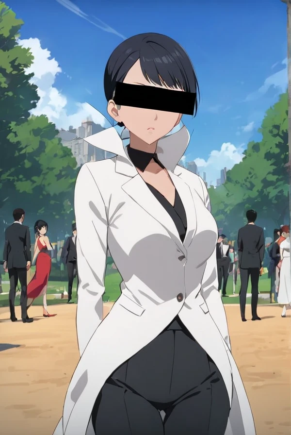 <lyco:RenhoGintama:1.7>, high quality, masterpiece, best quality, anime visual, Renho/(Gintama)/, woman, black bar over eyes, Censored Face, very short hairstyle, very short bangs, black hair, formal, large collar, white coat, black shirts, black pants, park backgrounds, cowoy shot