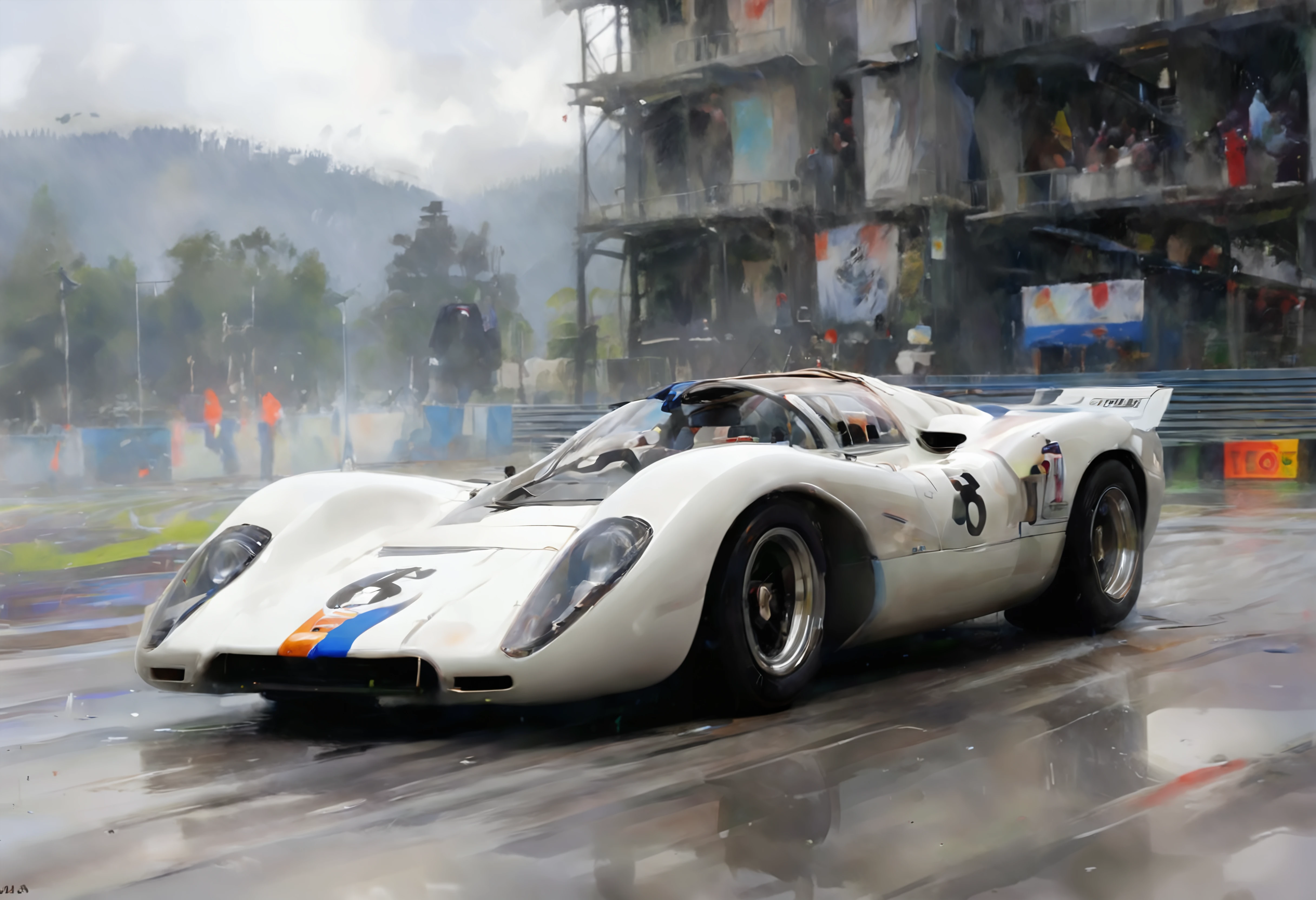 an impressionist oil and watercolor painting of a  Pearl White mclarenm8, l960sm1deng1ne, at a race track with grandstands and racing flags and guardrails in the rain, splashes mist fog, dynamic speed motion blur,  side view ,  ,  dark, chiaroscuro, low-key  low color saturation, concept art, perfect composition, masterpiece, professional photography, zeiss lens, shot on dslr 64 megapixels, sharp focus, intricately detailed, dramatic, tilt shift, f/32,