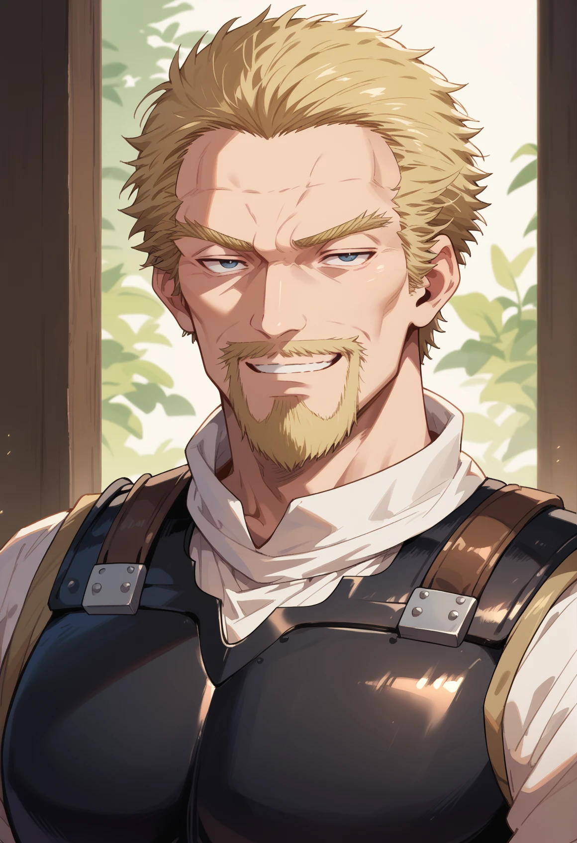 1boy, <lora:askeladdvinland:0.9> askeladdvinland, facial hair, mature male, black armor, smug, white shirt,, score_9, score_8_up, score_7_up, score_6_up