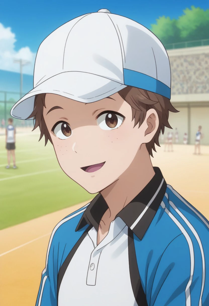 score_9, score_8_up, score_7_up, source_anime, highly detailed, 
taiyo, 1boy, male focus, brown hair, solo, upper body, brown eyes, freckles, shorts, sportswear, standing, smile,  looking at viewer, tennis uniform, raglan sleeves, white shirt,  blue shirt, hat, baseball cap, open mouth,
outdoor, sky,