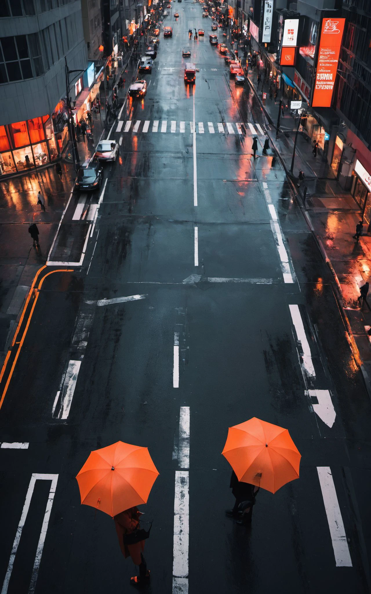 ArtComposition,a busy city street in the rain,view from aboveabstract,black and white,b&w,traffic,cars,people,(1 womancrossing the street at a crosswalk with a red umbrella:1.3)outstanding composition,
golden hour,aesthetic of mosaic art,unconventional supreme masterpiece,masterful details,temperate atmosphere,(balanced center composition:0.5),
with a high-end texture,in the style of fashion photography,magazine cover,Dynamic Angle,Dynamic posture,Perspective,High Point,pov,clouds on the ground,dark grey sky with neon orange clouds,glowing neon light orange and pink color tone,low saturations,dim lighting,