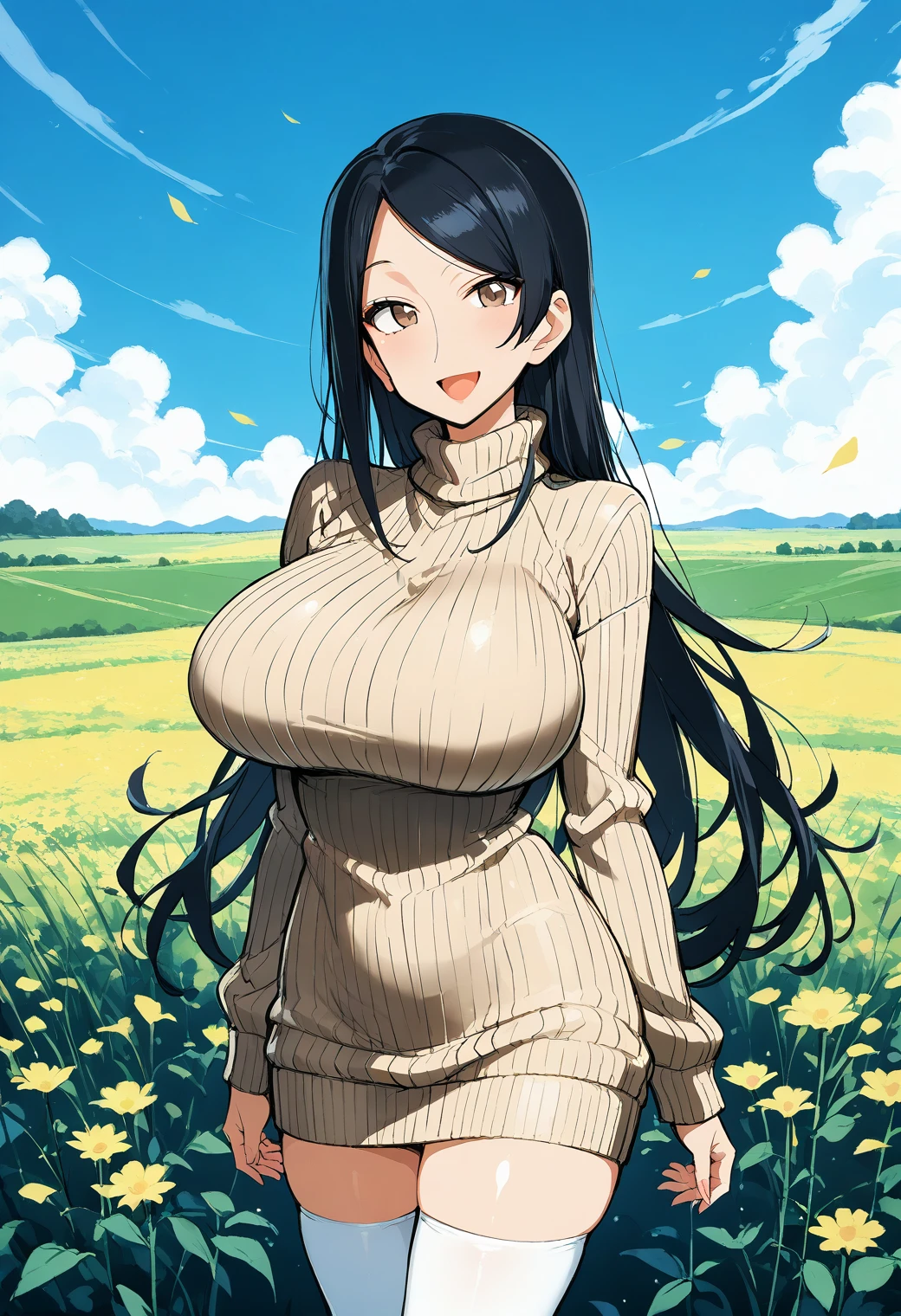 1girl, solo, (field:1.2), (sky:1.2), smile, open mouth, huge breasts, cowboy shot,
takizawa_kyouko, mature female, brown eyes, black hair, long hair, sweater dress, turtleneck, ribbed sweater, long sleeves, thighhighs, <lora:takizawa_kyouko_pony_ver2:0.8>, score_9, score_8_up, score_7_up, source_anime, best quality, uncensored, rating_safe,