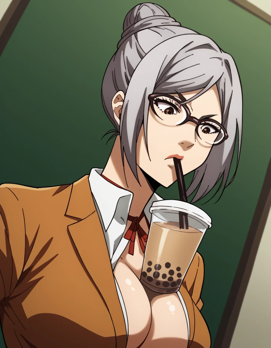 score_9, score_8_up, score_7_up, source_anime, <lora:meiko-shiraki-s1-ponyxl-lora-nochekaiser:1>, meiko shiraki, grey hair, glasses, hair bun, single hair bun, brown eyes,, <lora:bubble-tea-challenge-ponyxl-lora-nochekaiser:1>, bubble tea challenge, bubble tea, object on breast, drinking straw, drinking straw in mouth, drinking, cup,, indoors, sitting, looking down, , cowboy shot, dutch angle